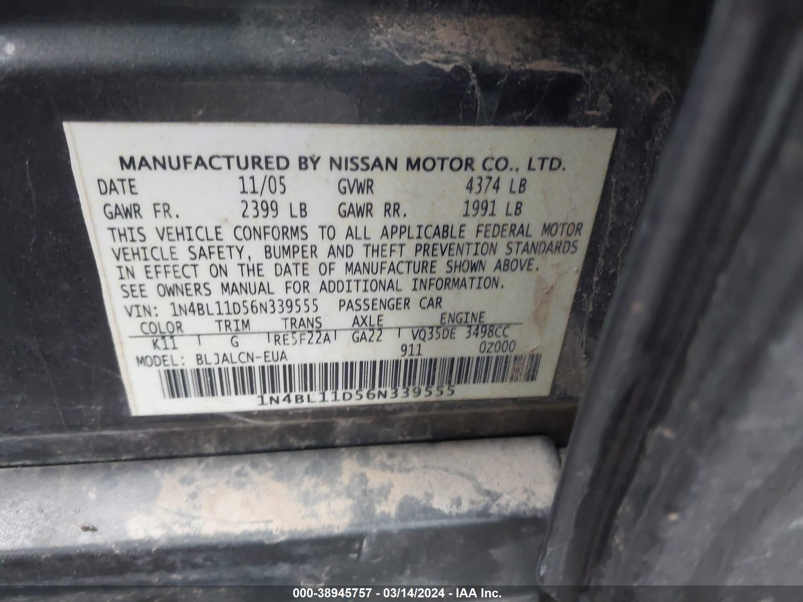 Photo 8 VIN: 1N4BL11D56N339555 - NISSAN ALTIMA 