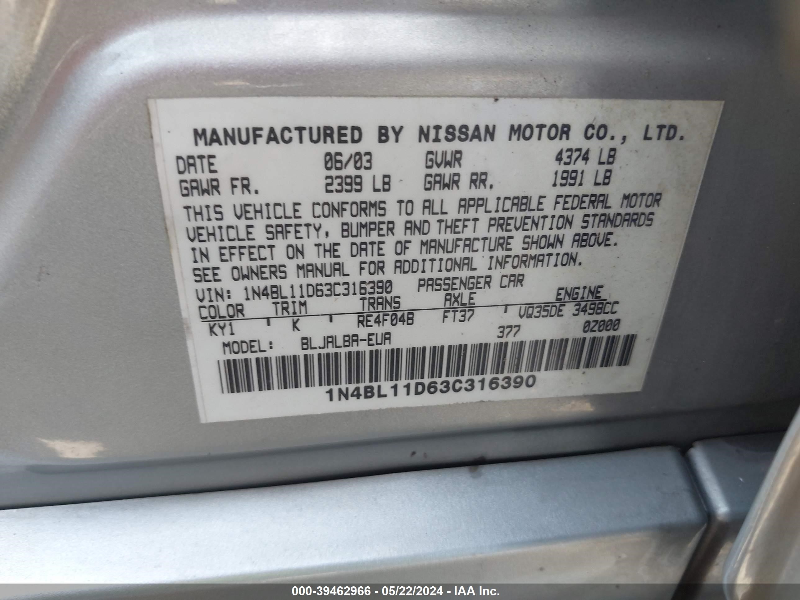 Photo 8 VIN: 1N4BL11D63C316390 - NISSAN ALTIMA 