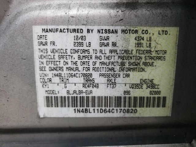 Photo 9 VIN: 1N4BL11D64C170820 - NISSAN ALTIMA SE 