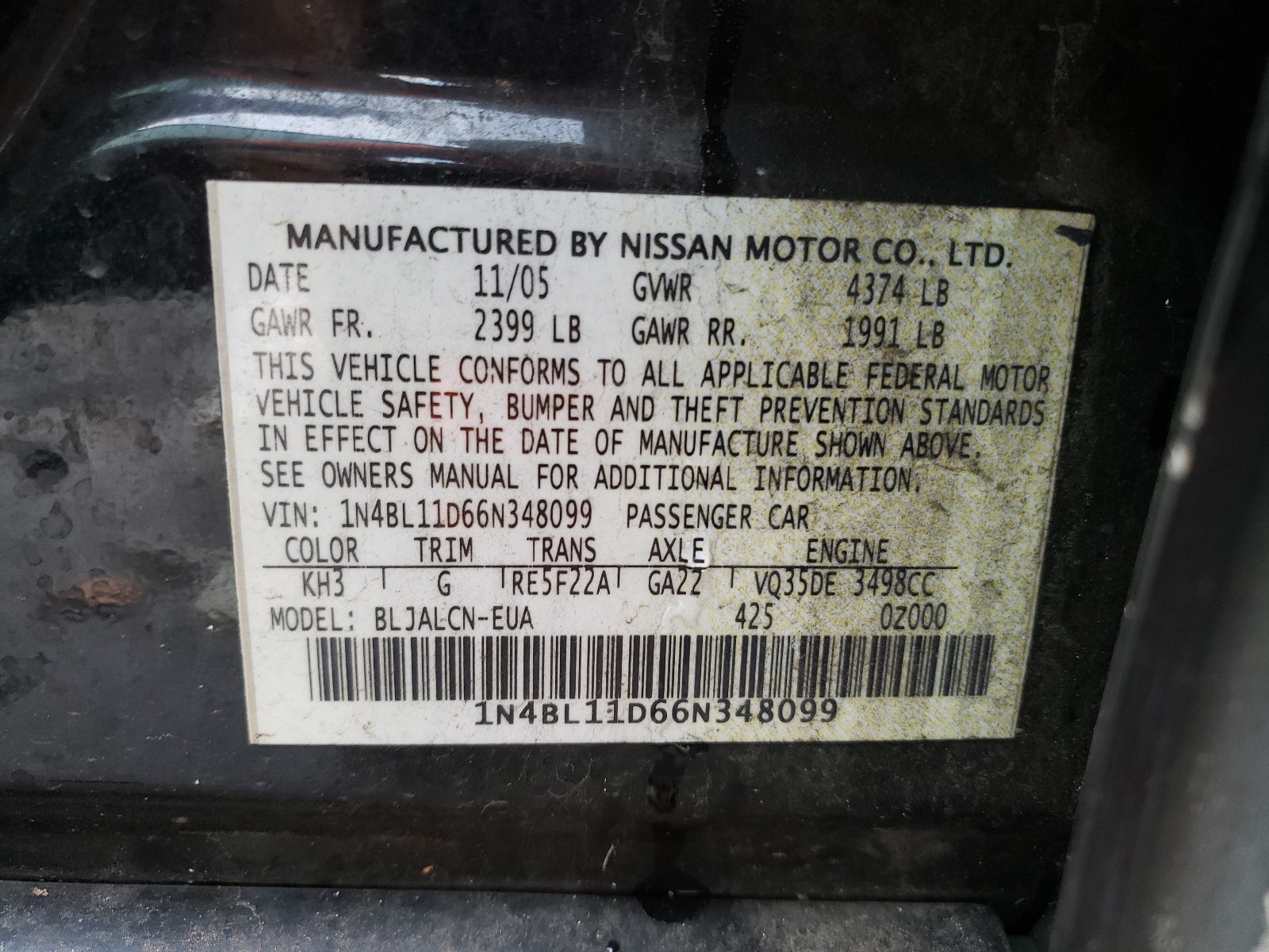 Photo 9 VIN: 1N4BL11D66N348099 - NISSAN ALTIMA SE 