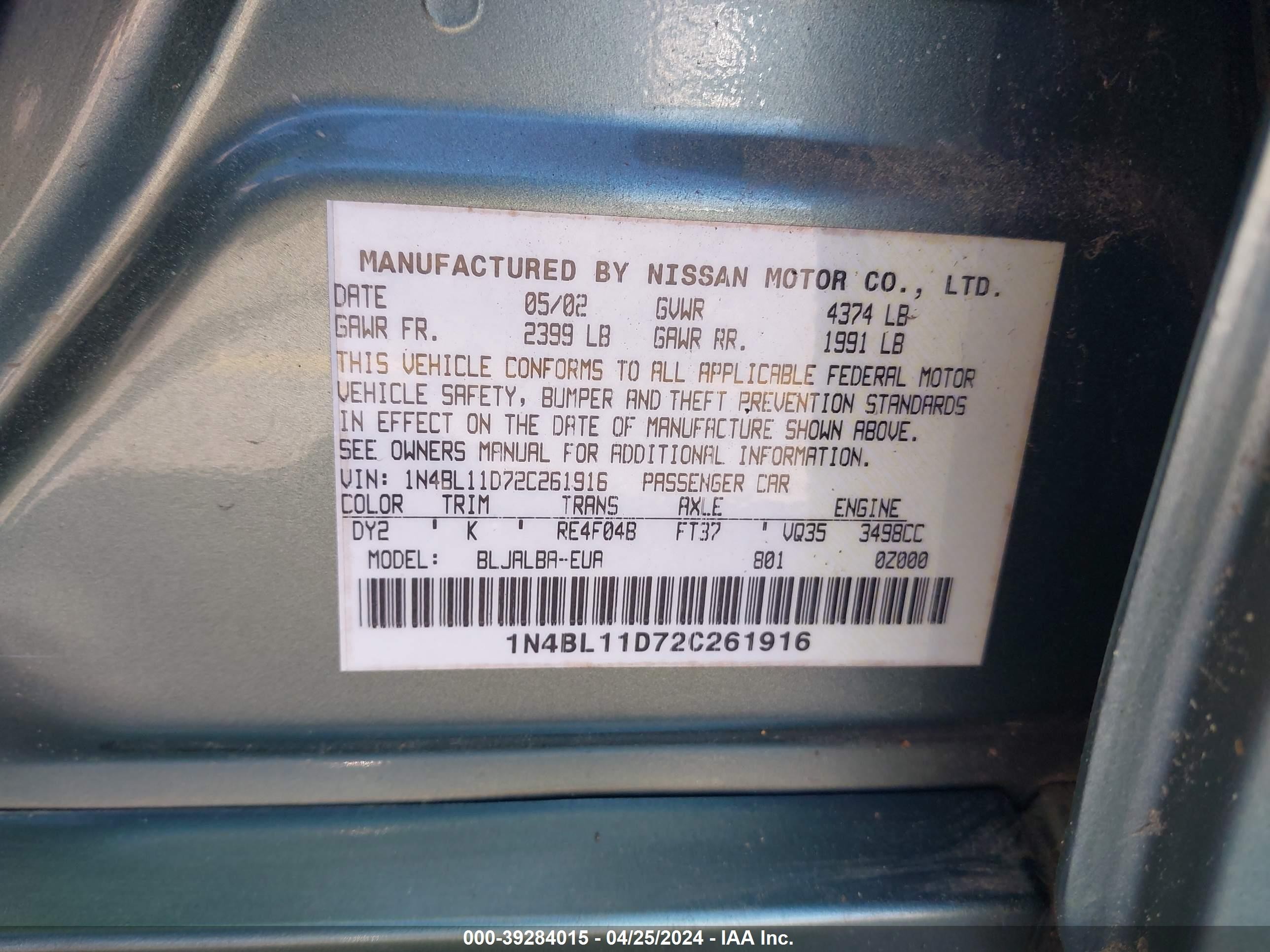 Photo 8 VIN: 1N4BL11D72C261916 - NISSAN ALTIMA 