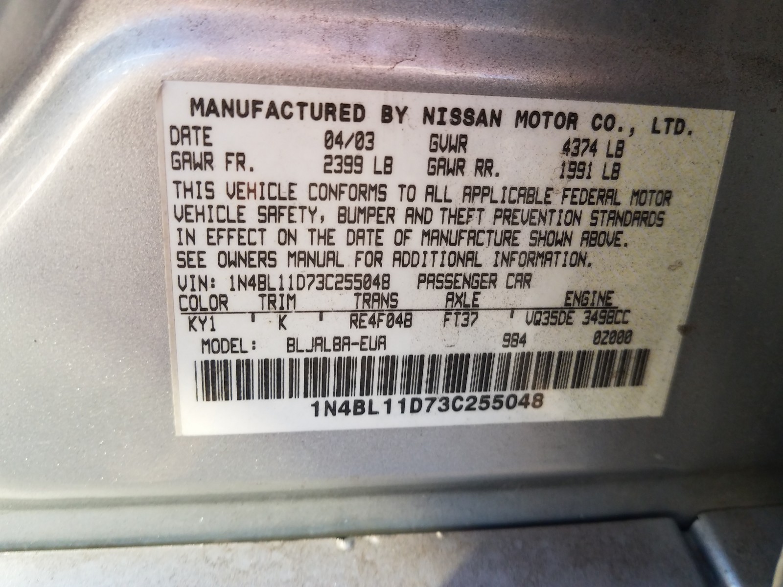 Photo 9 VIN: 1N4BL11D73C255048 - NISSAN ALTIMA SE 