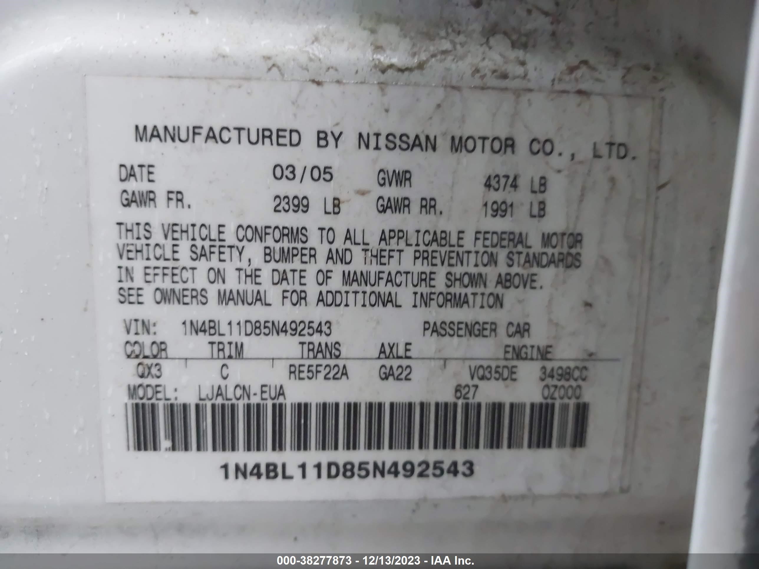 Photo 8 VIN: 1N4BL11D85N492543 - NISSAN ALTIMA 