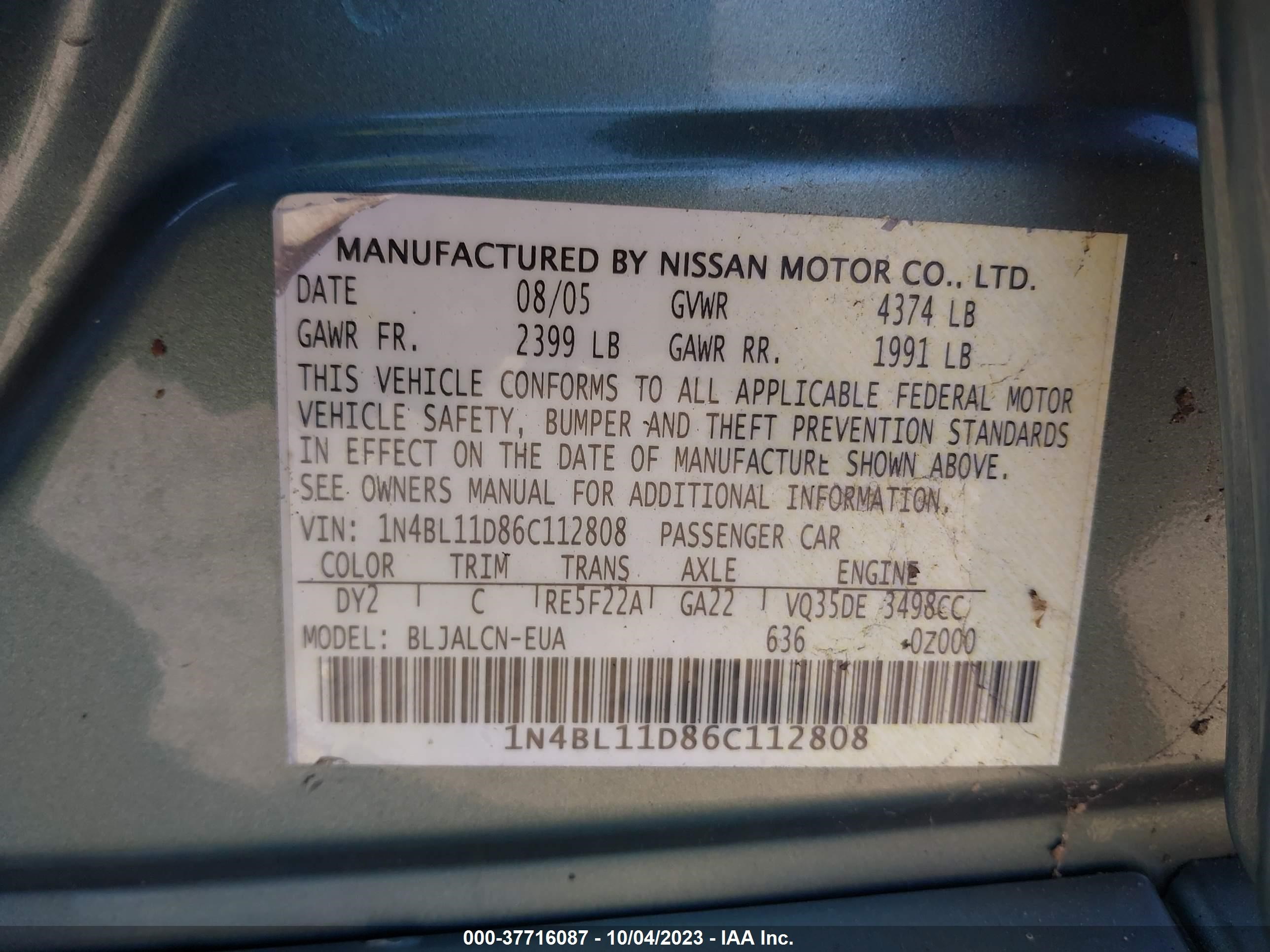 Photo 8 VIN: 1N4BL11D86C112808 - NISSAN ALTIMA 