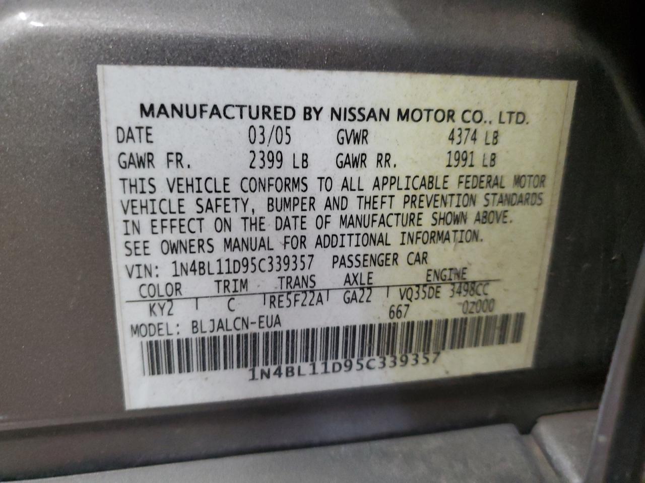 Photo 11 VIN: 1N4BL11D95C339357 - NISSAN ALTIMA 