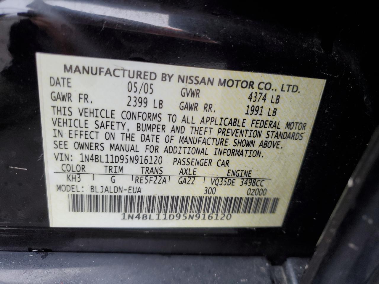 Photo 12 VIN: 1N4BL11D95N916120 - NISSAN ALTIMA 