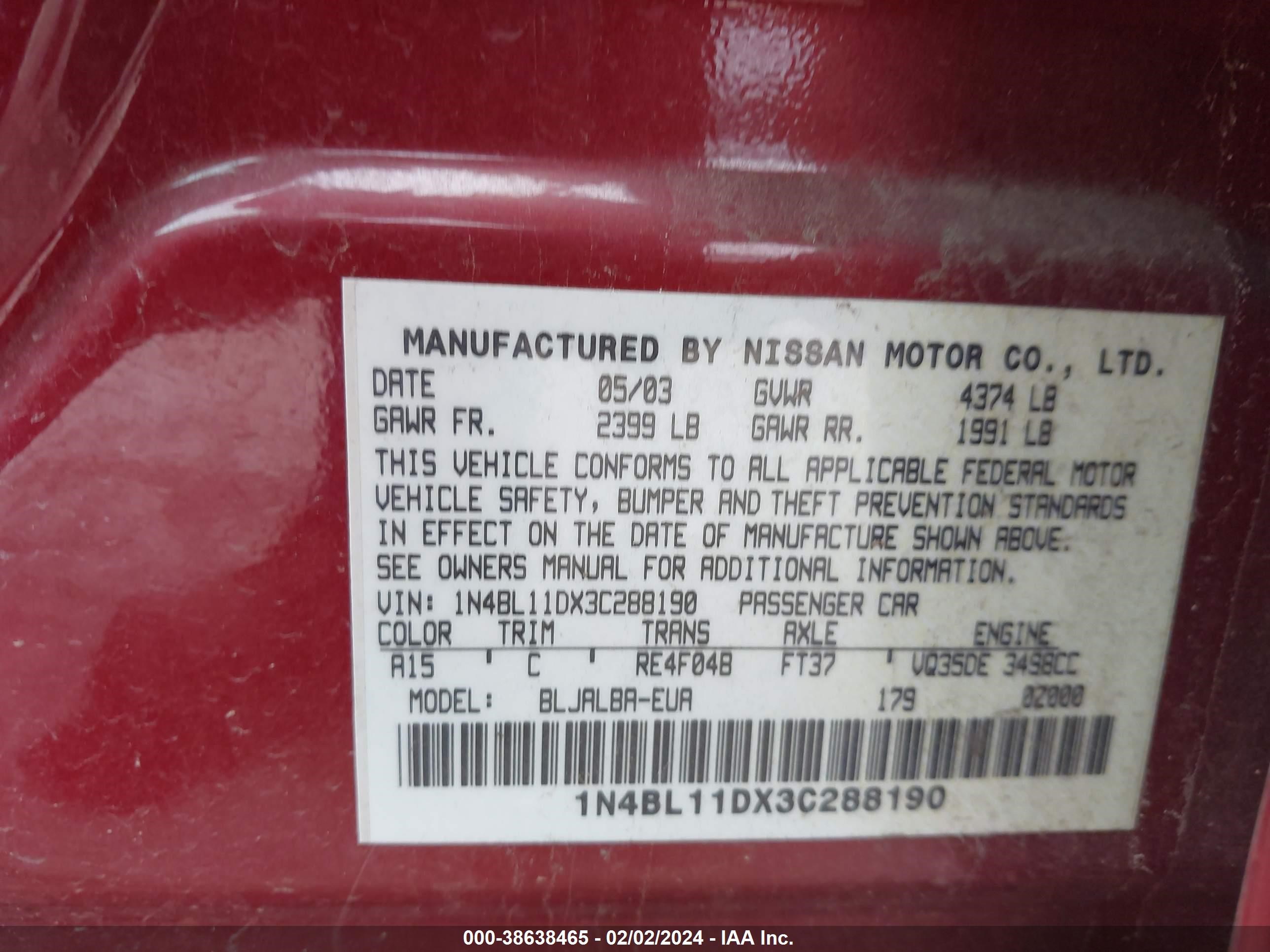 Photo 8 VIN: 1N4BL11DX3C288190 - NISSAN ALTIMA 