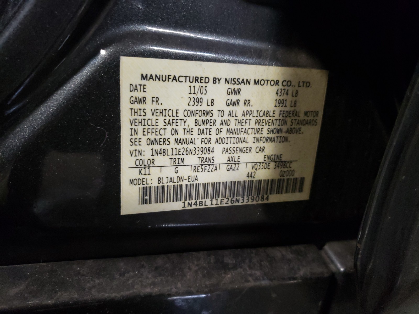 Photo 9 VIN: 1N4BL11E26N339084 - NISSAN ALTIMA 