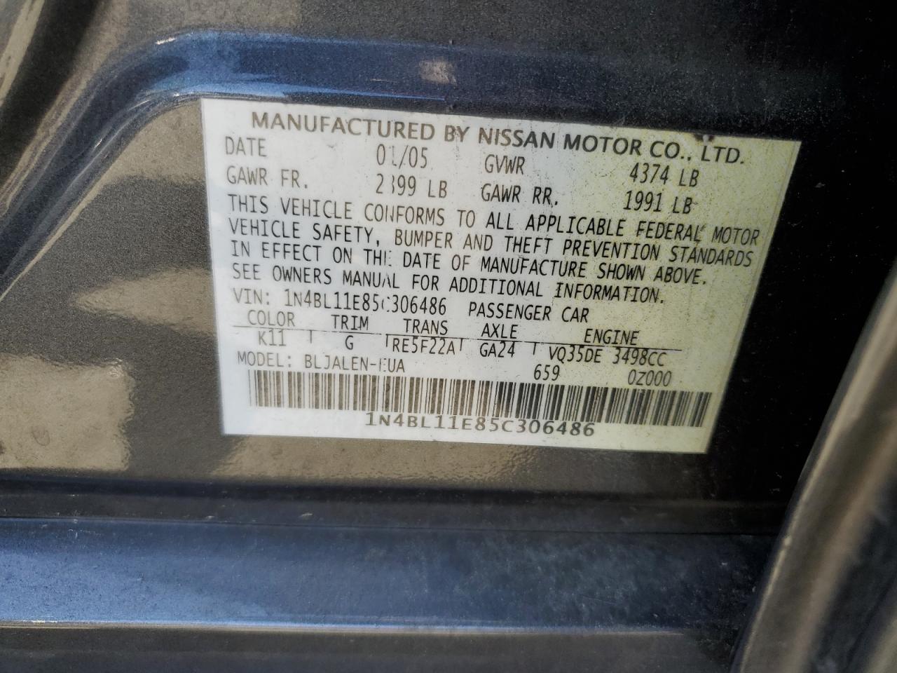 Photo 11 VIN: 1N4BL11E85C306486 - NISSAN ALTIMA 