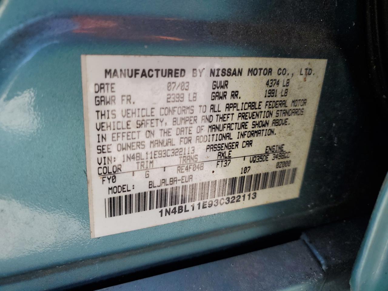 Photo 11 VIN: 1N4BL11E93C322113 - NISSAN ALTIMA 