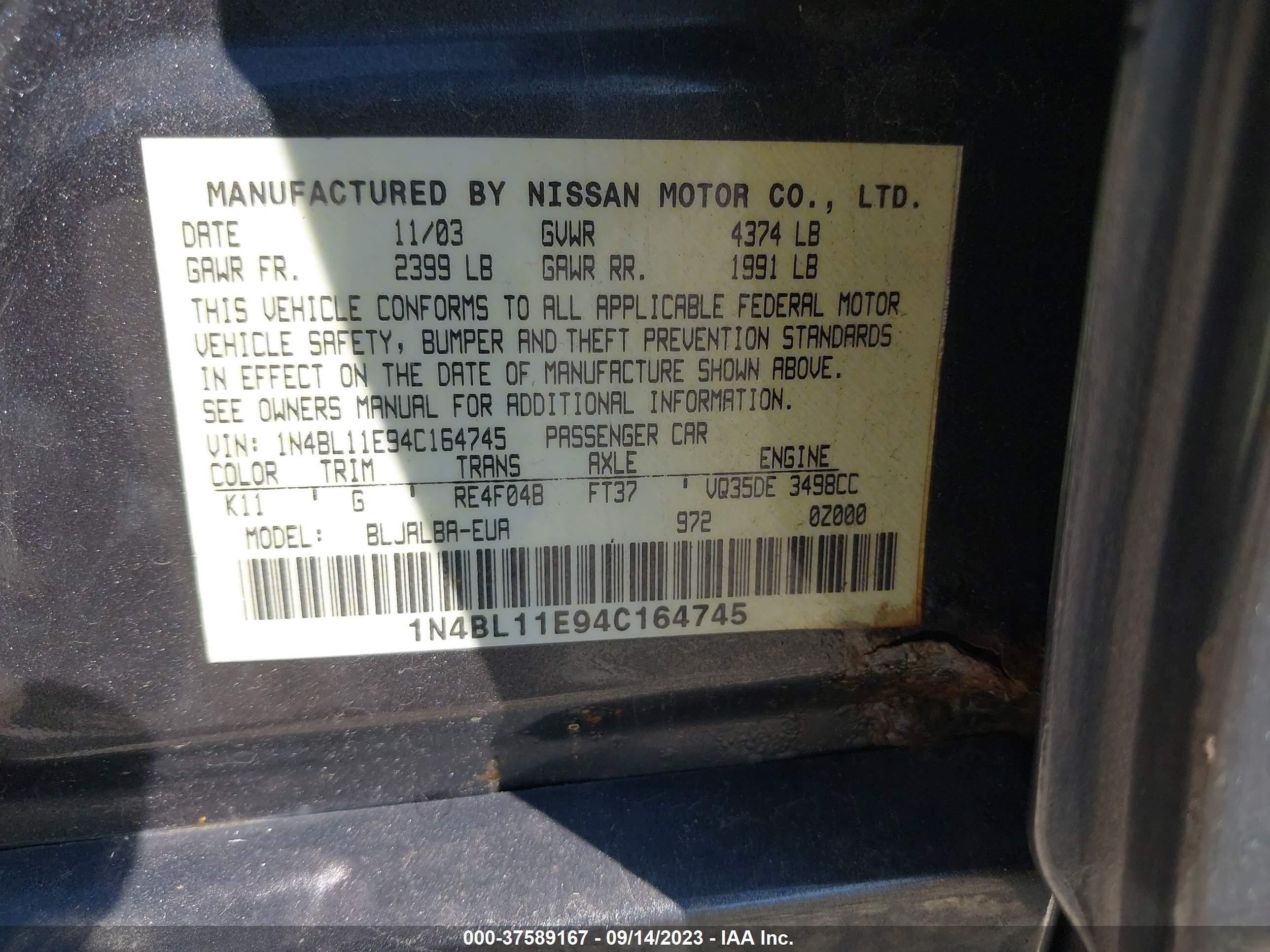 Photo 8 VIN: 1N4BL11E94C164745 - NISSAN ALTIMA 