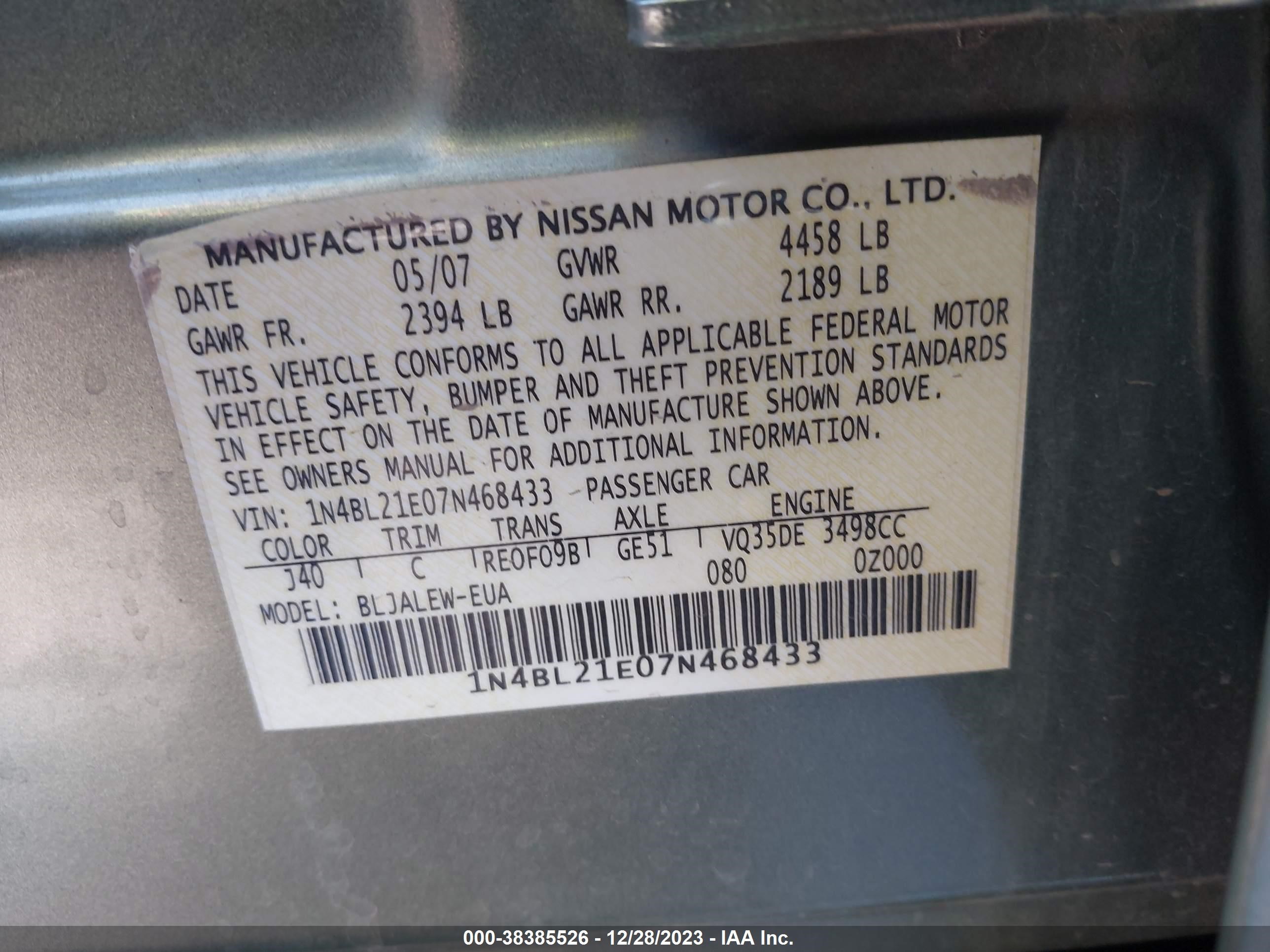 Photo 8 VIN: 1N4BL21E07N468433 - NISSAN ALTIMA 