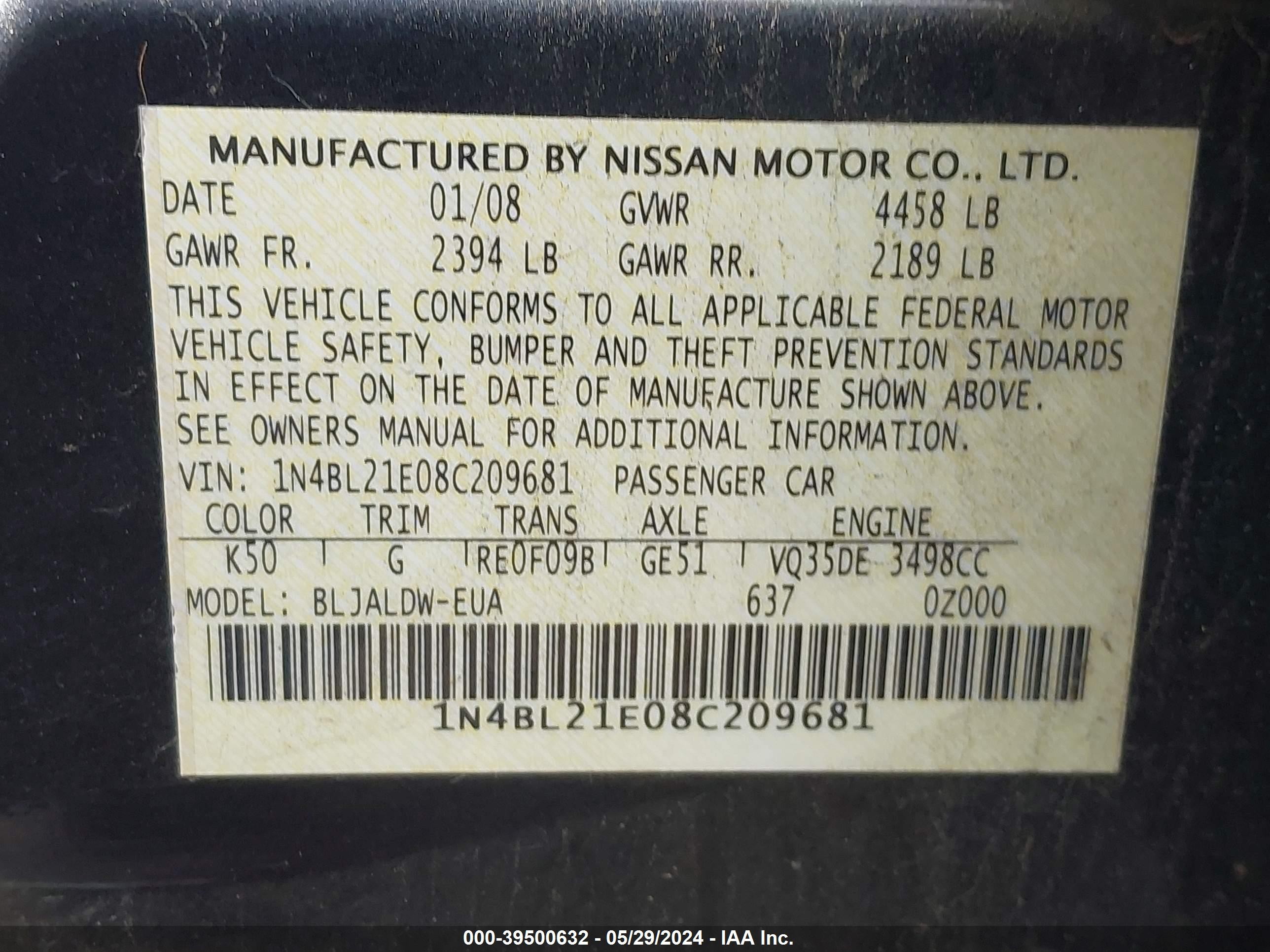 Photo 8 VIN: 1N4BL21E08C209681 - NISSAN ALTIMA 