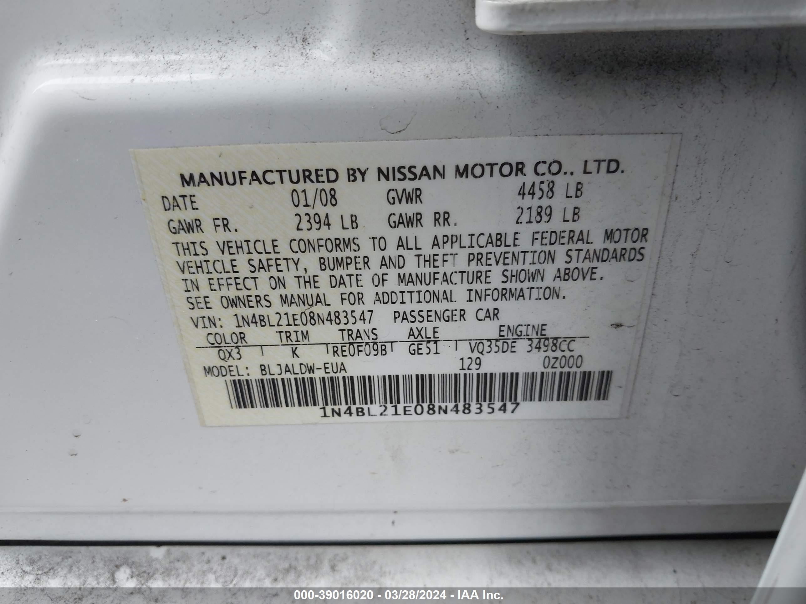 Photo 8 VIN: 1N4BL21E08N483547 - NISSAN ALTIMA 