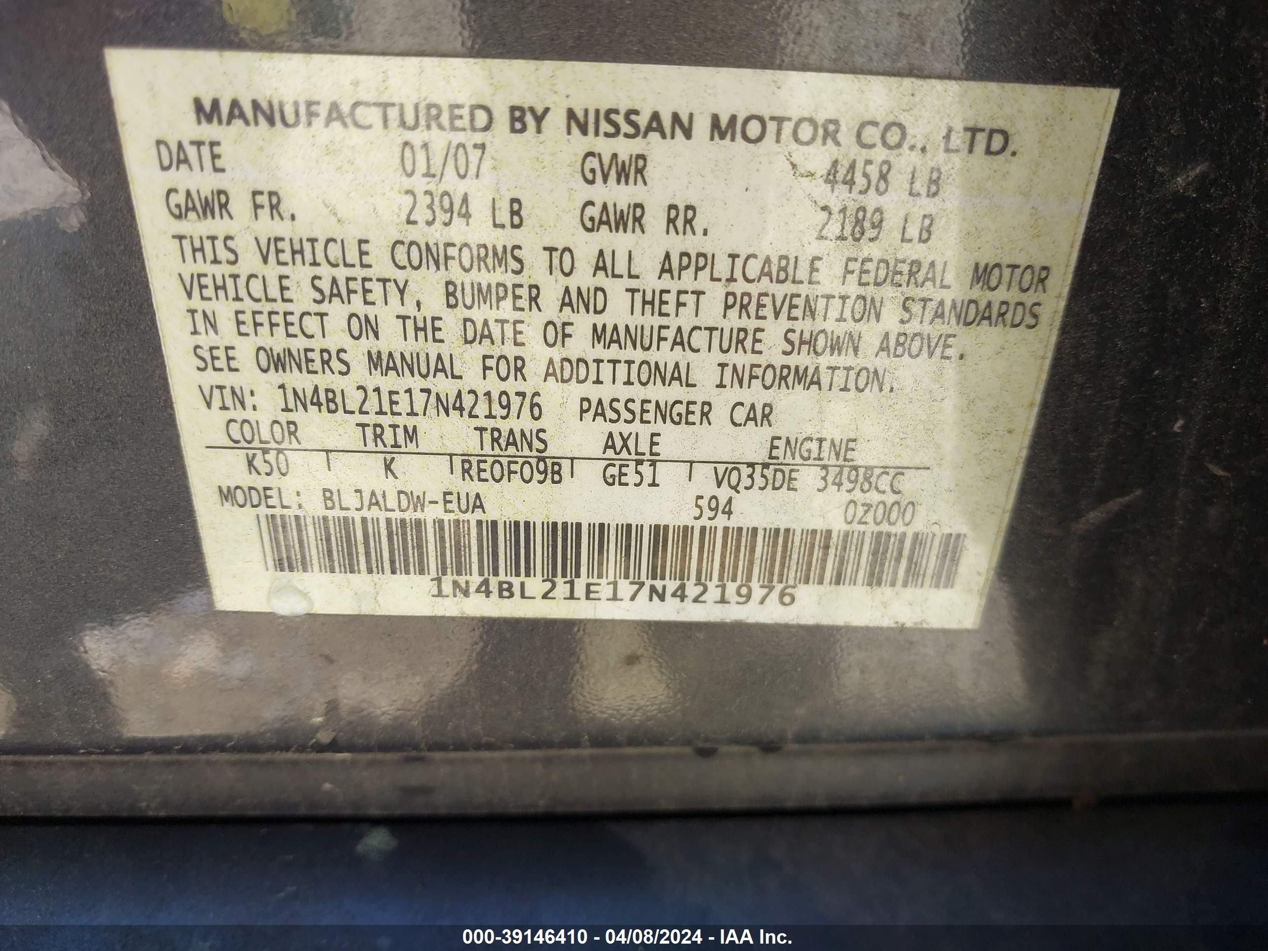 Photo 8 VIN: 1N4BL21E17N421976 - NISSAN ALTIMA 