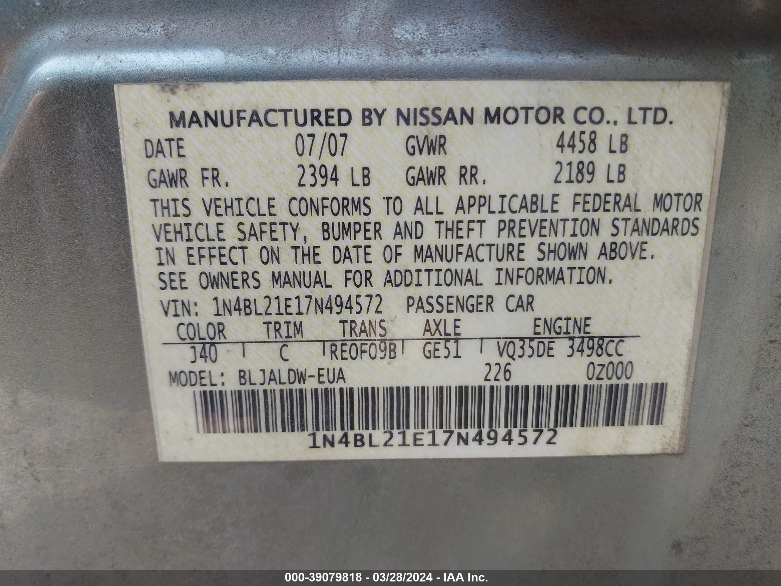 Photo 8 VIN: 1N4BL21E17N494572 - NISSAN ALTIMA 