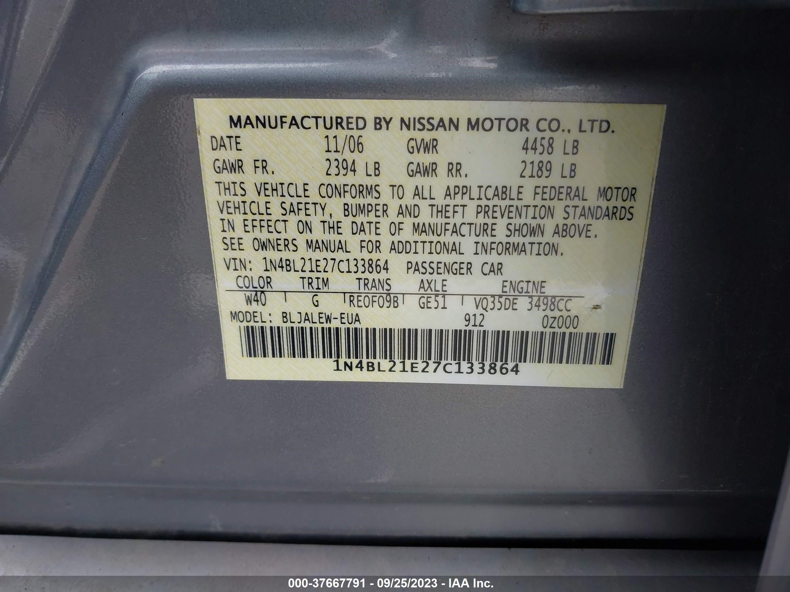 Photo 8 VIN: 1N4BL21E27C133864 - NISSAN ALTIMA 