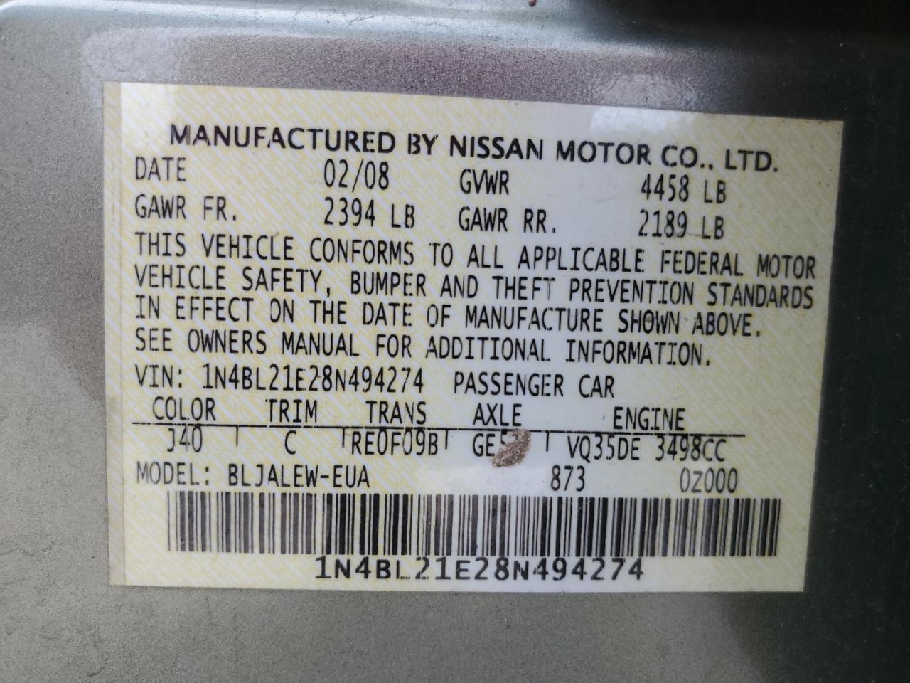 Photo 11 VIN: 1N4BL21E28N494274 - NISSAN ALTIMA 