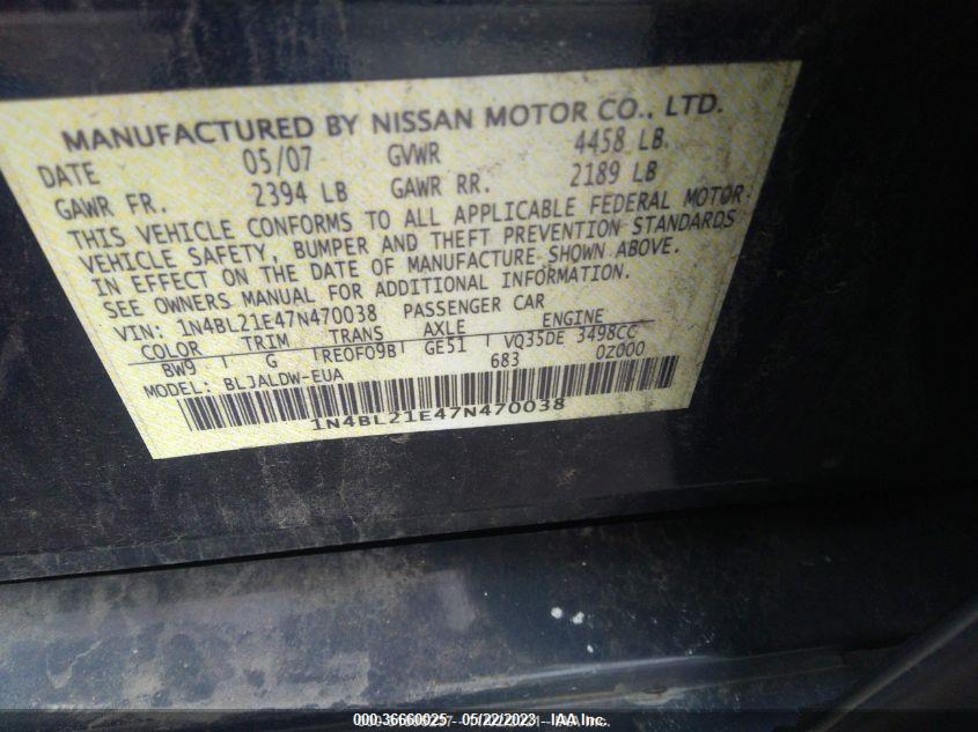 Photo 8 VIN: 1N4BL21E47N470038 - NISSAN ALTIMA 