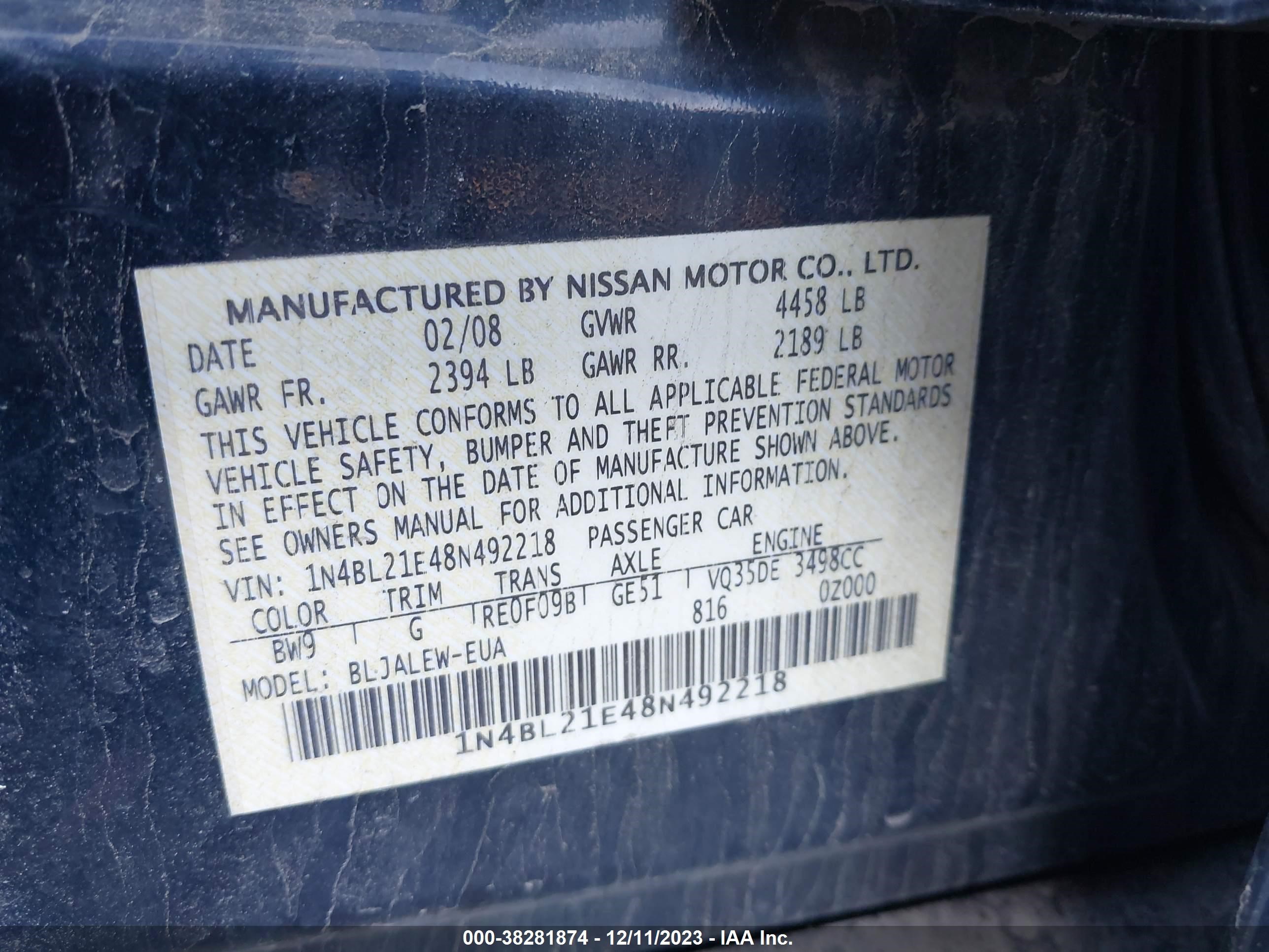 Photo 8 VIN: 1N4BL21E48N492218 - NISSAN ALTIMA 