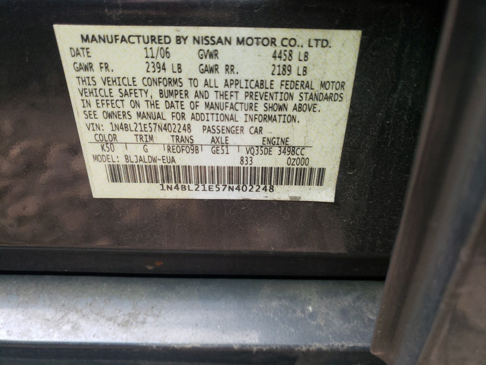 Photo 9 VIN: 1N4BL21E57N402248 - NISSAN ALTIMA 3.5 