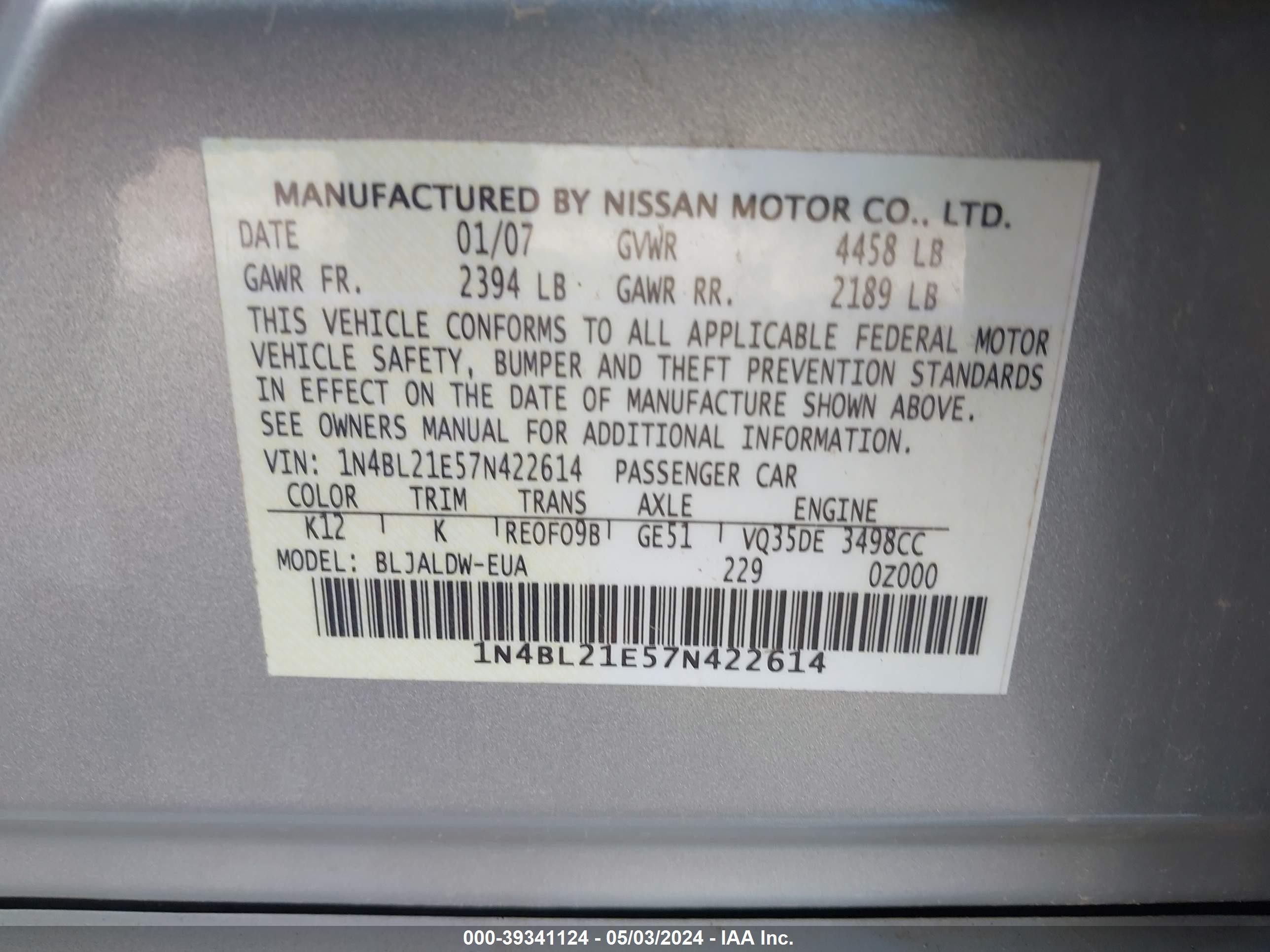 Photo 8 VIN: 1N4BL21E57N422614 - NISSAN ALTIMA 