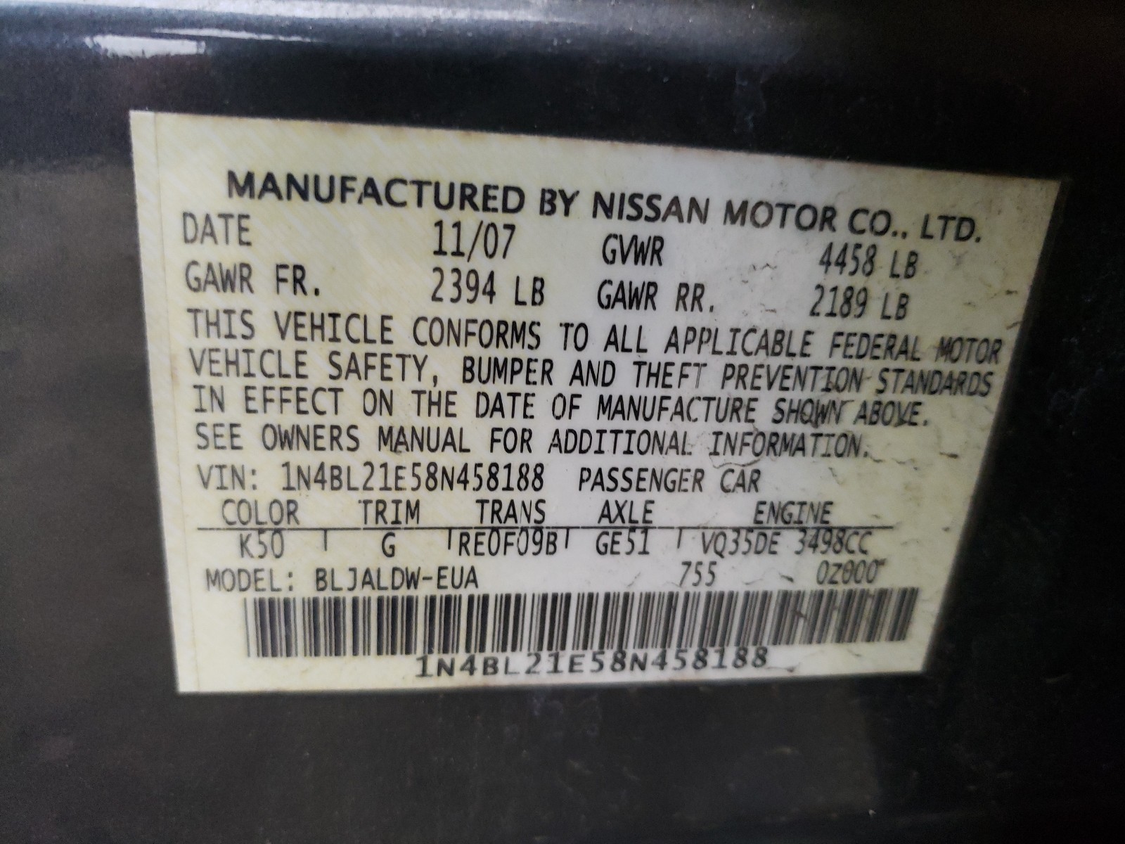 Photo 9 VIN: 1N4BL21E58N458188 - NISSAN ALTIMA 3.5 