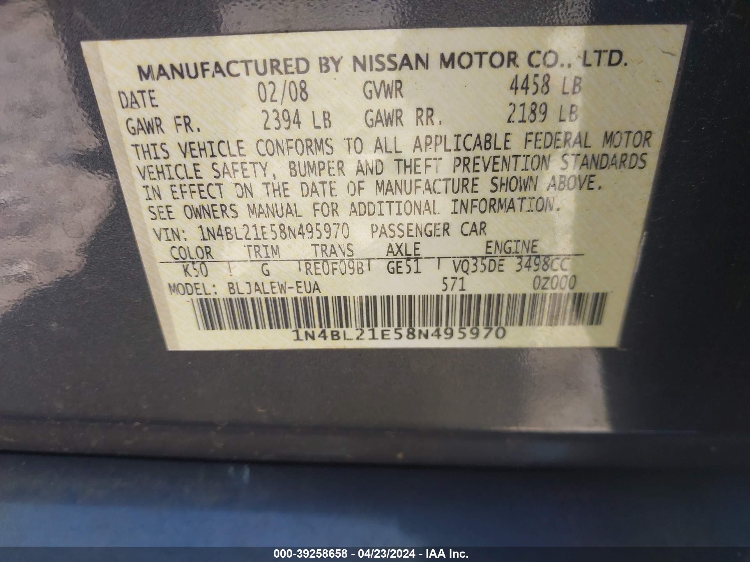 Photo 8 VIN: 1N4BL21E58N495970 - NISSAN ALTIMA 