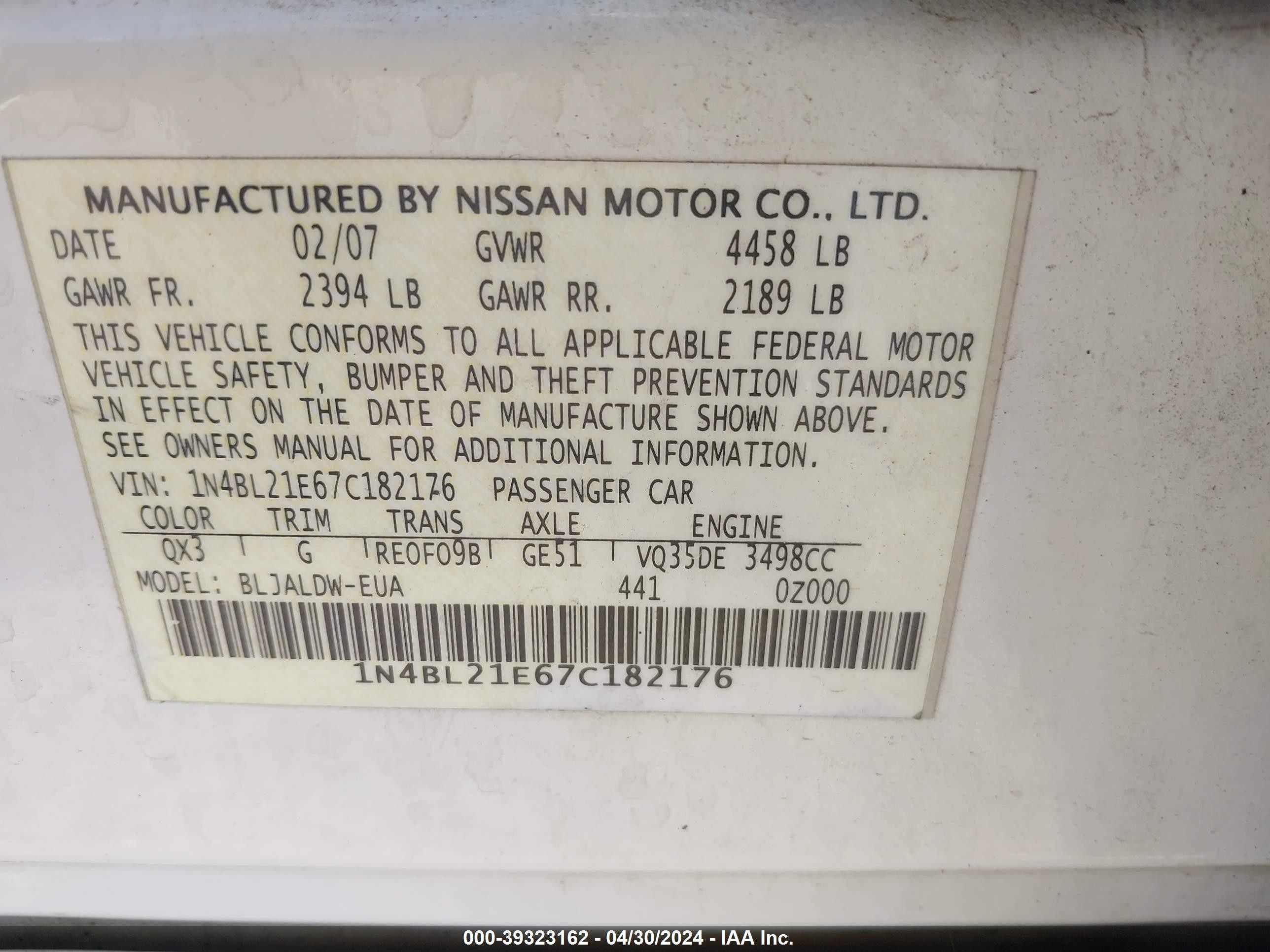 Photo 8 VIN: 1N4BL21E67C182176 - NISSAN ALTIMA 