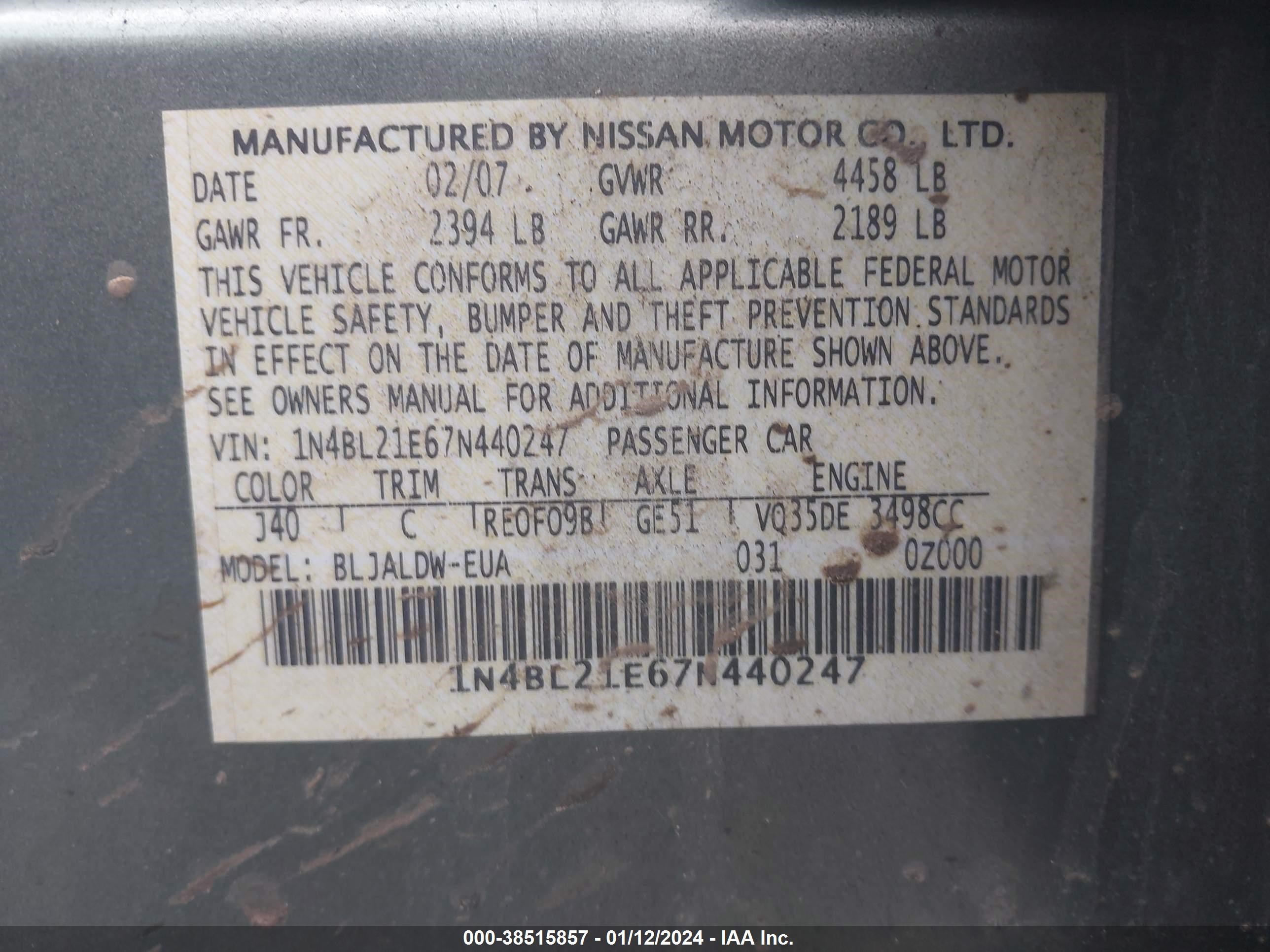 Photo 8 VIN: 1N4BL21E67N440247 - NISSAN ALTIMA 