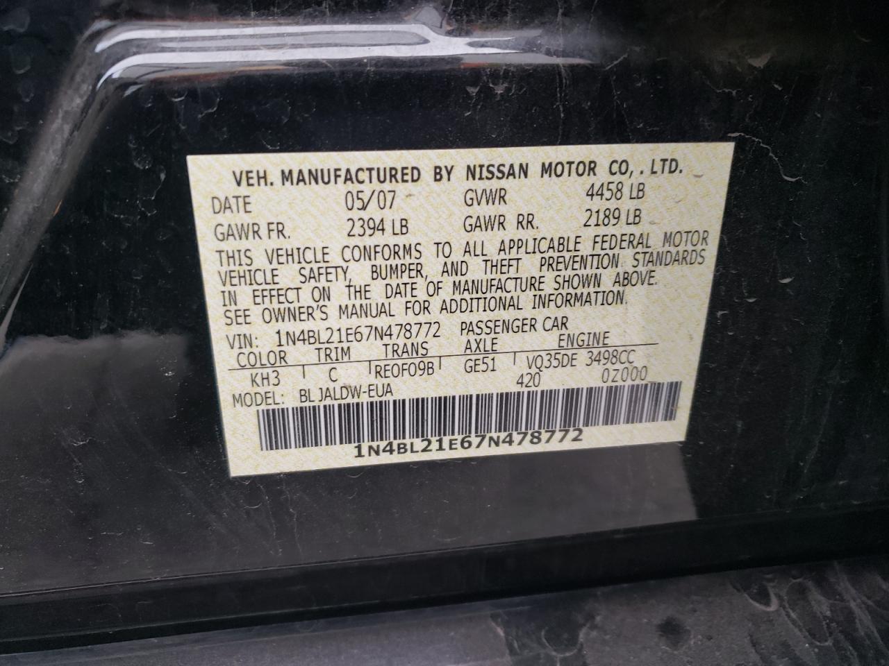 Photo 12 VIN: 1N4BL21E67N478772 - NISSAN ALTIMA 