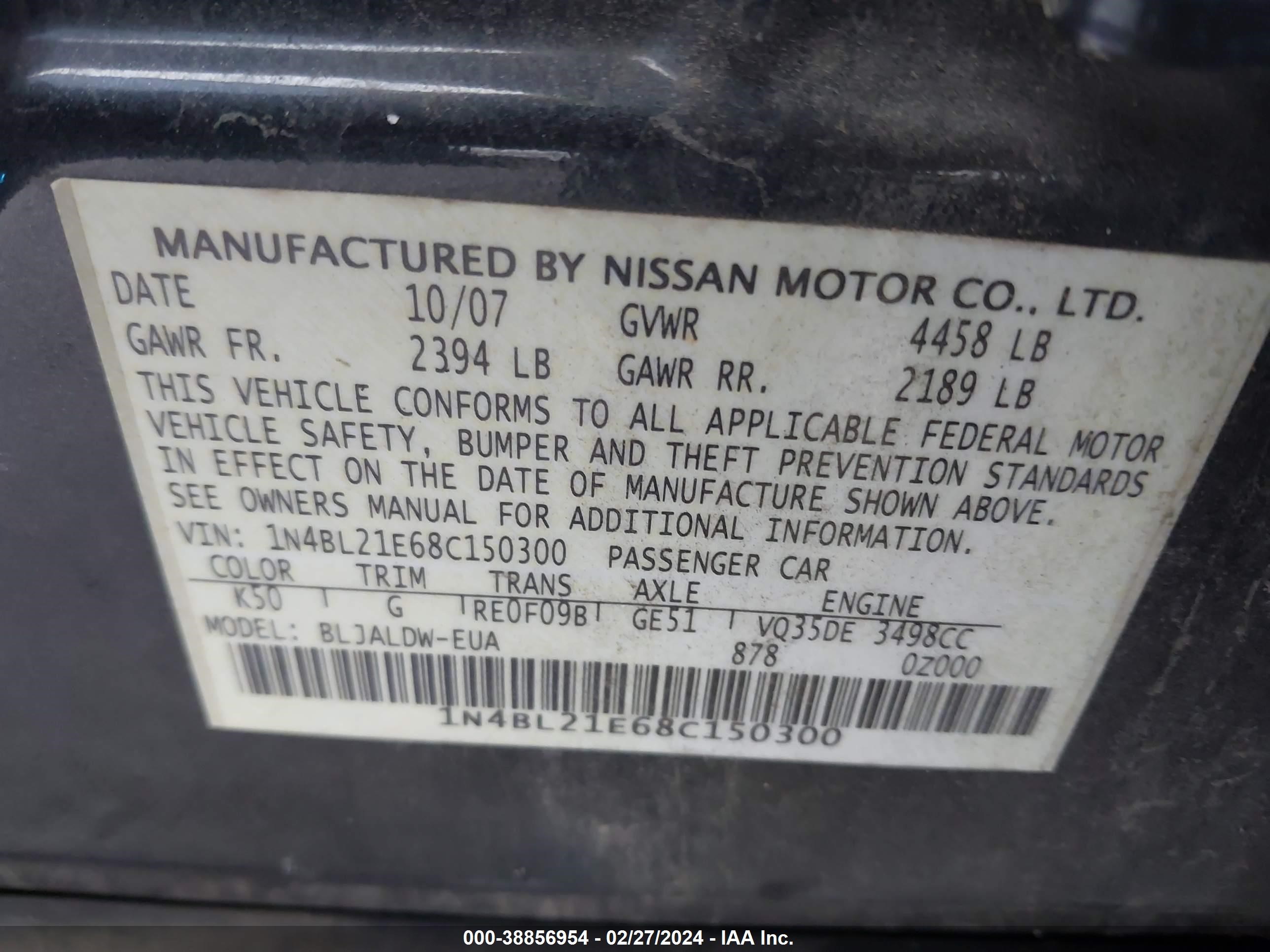 Photo 8 VIN: 1N4BL21E68C150300 - NISSAN ALTIMA 