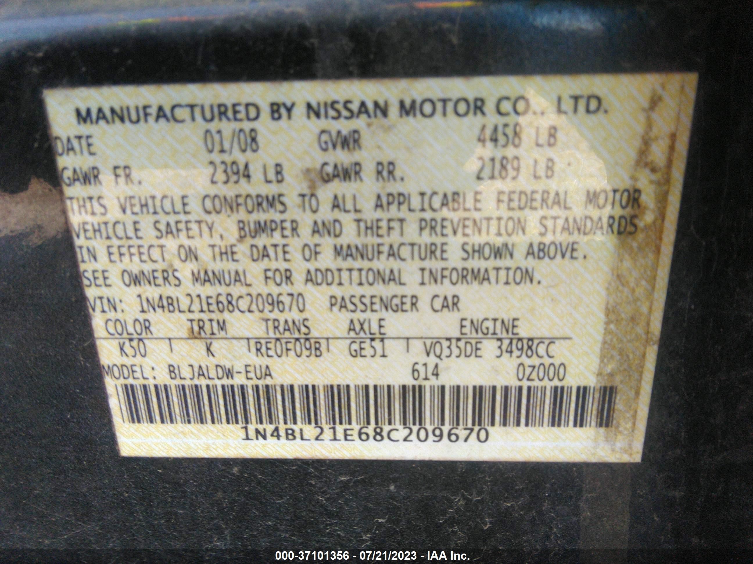 Photo 8 VIN: 1N4BL21E68C209670 - NISSAN ALTIMA 