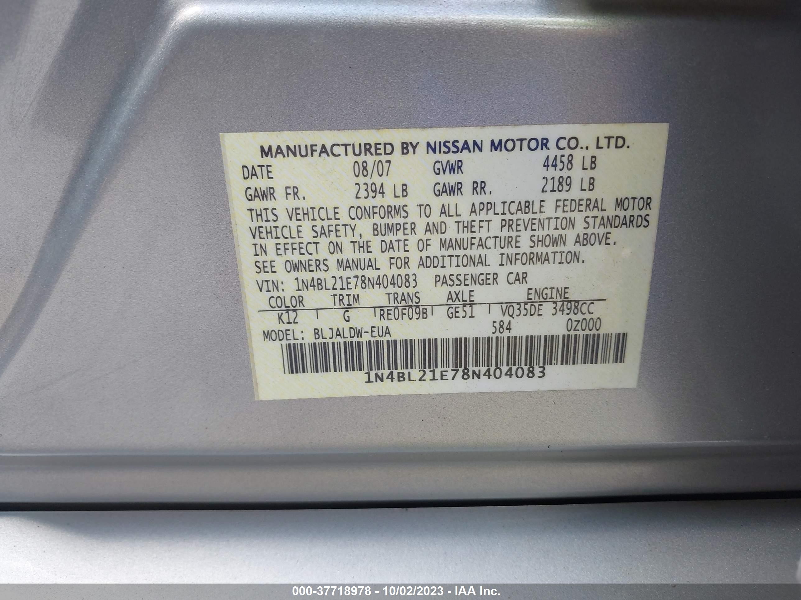 Photo 8 VIN: 1N4BL21E78N404083 - NISSAN ALTIMA 