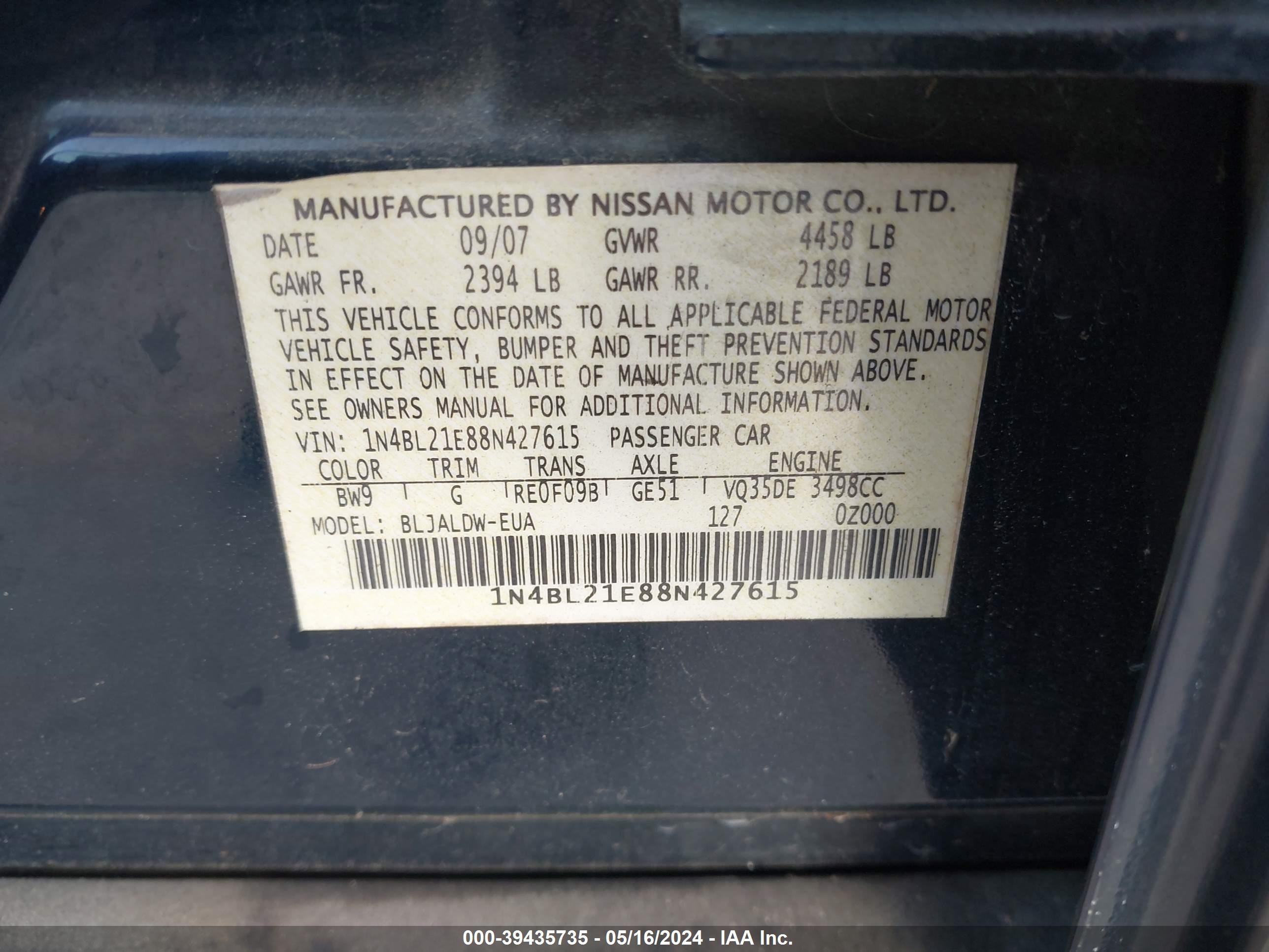 Photo 8 VIN: 1N4BL21E88N427615 - NISSAN ALTIMA 