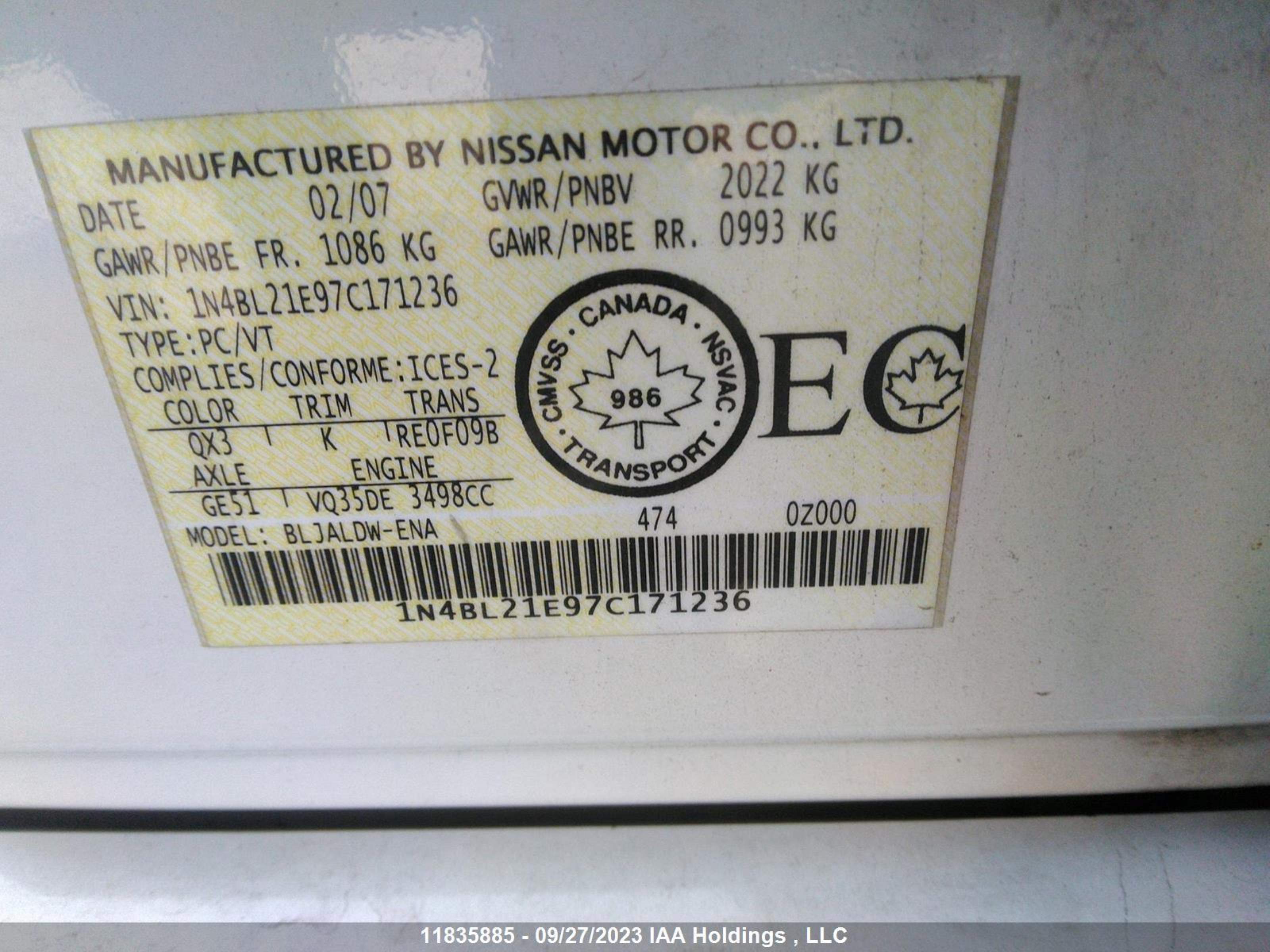 Photo 8 VIN: 1N4BL21E97C171236 - NISSAN ALTIMA 