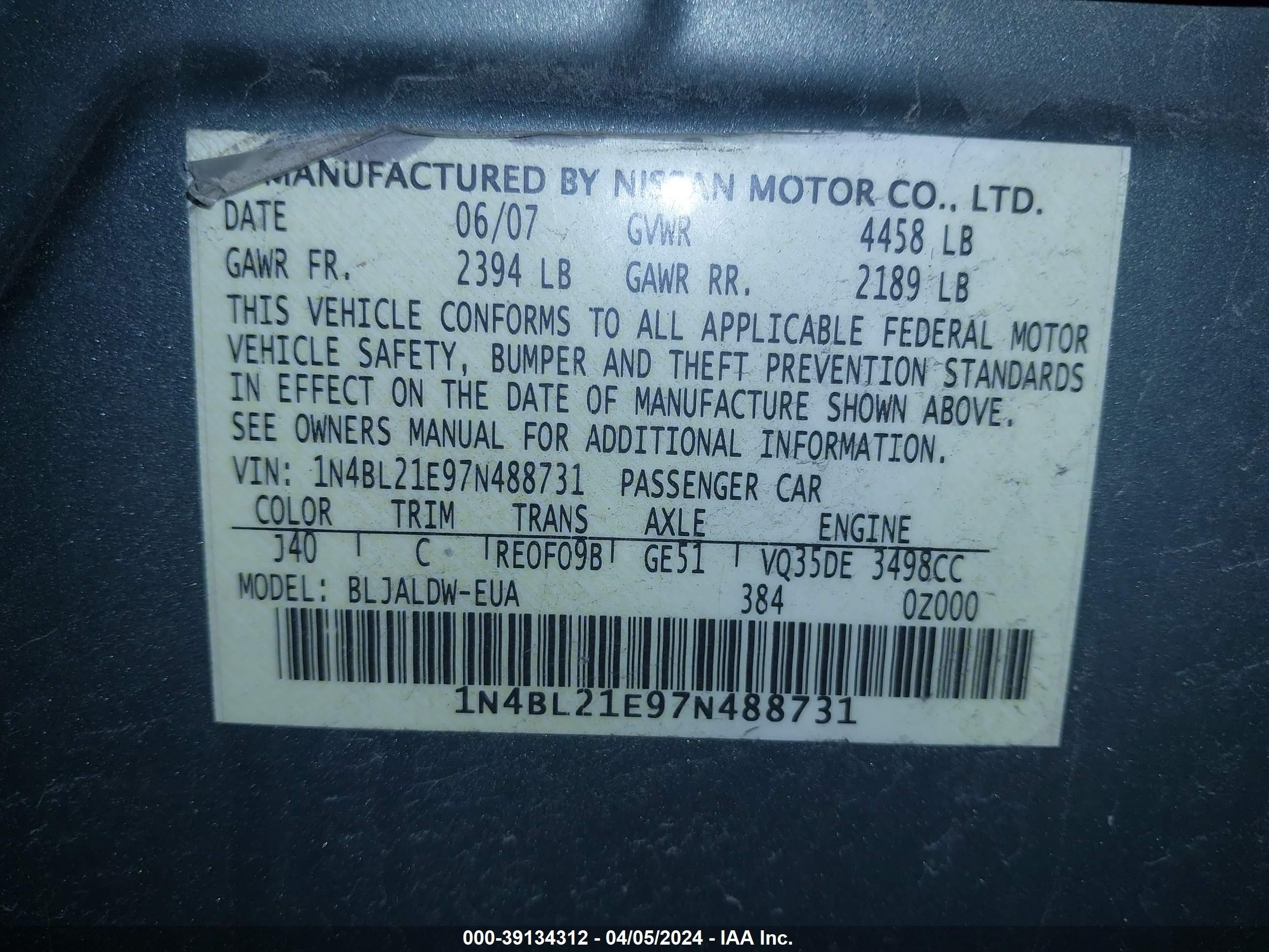 Photo 8 VIN: 1N4BL21E97N488731 - NISSAN ALTIMA 