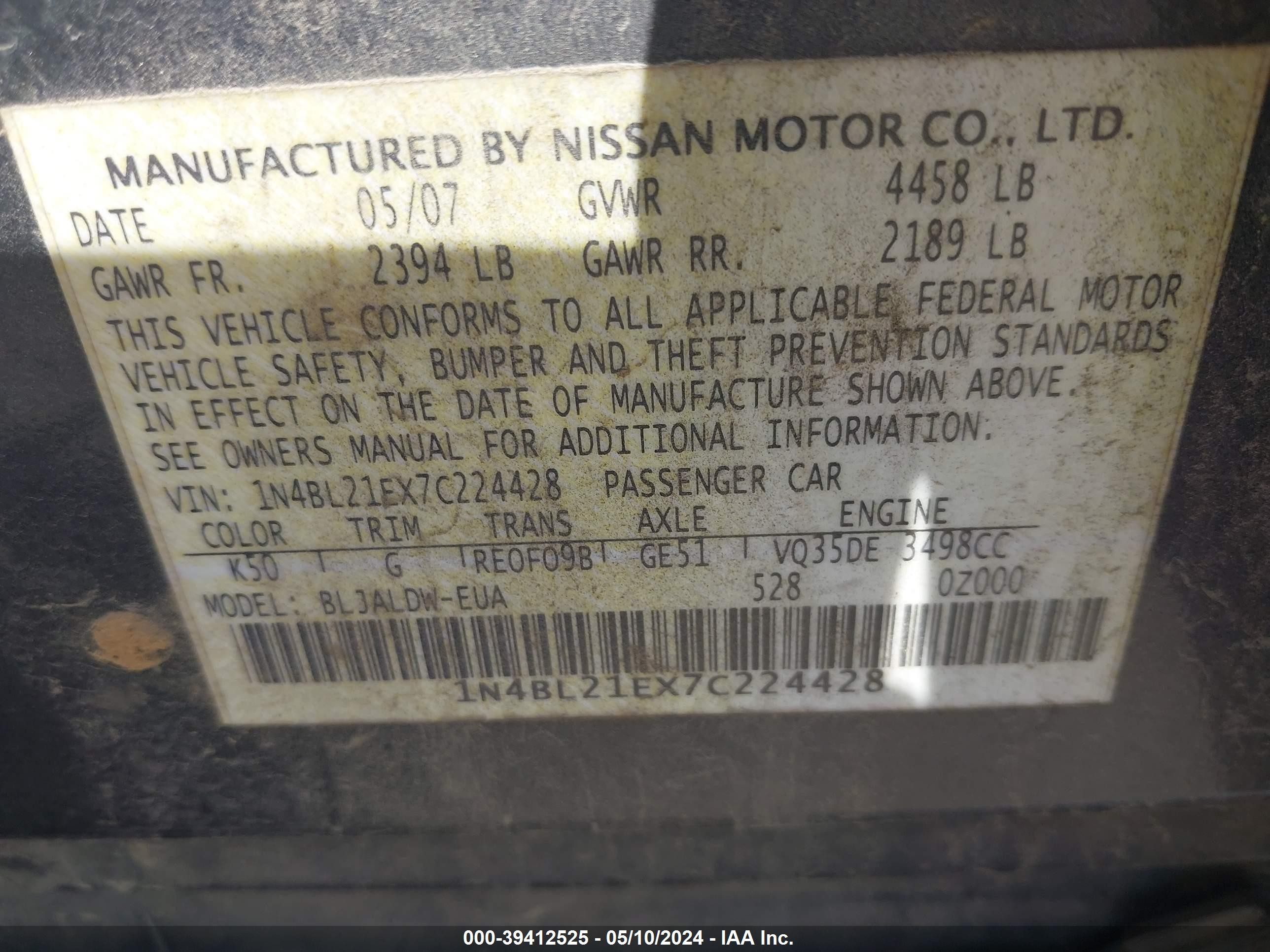 Photo 8 VIN: 1N4BL21EX7C224428 - NISSAN ALTIMA 