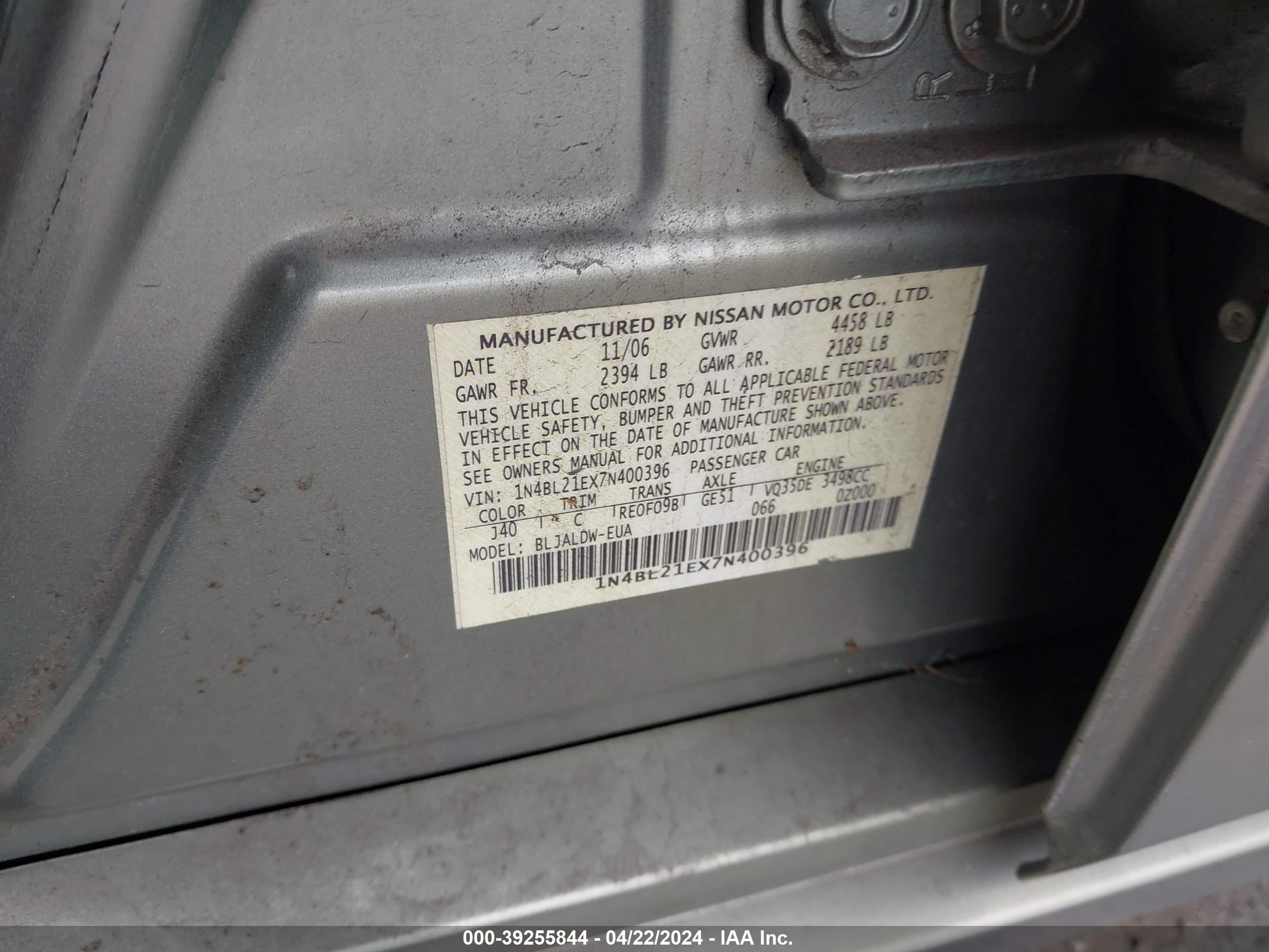 Photo 8 VIN: 1N4BL21EX7N400396 - NISSAN ALTIMA 