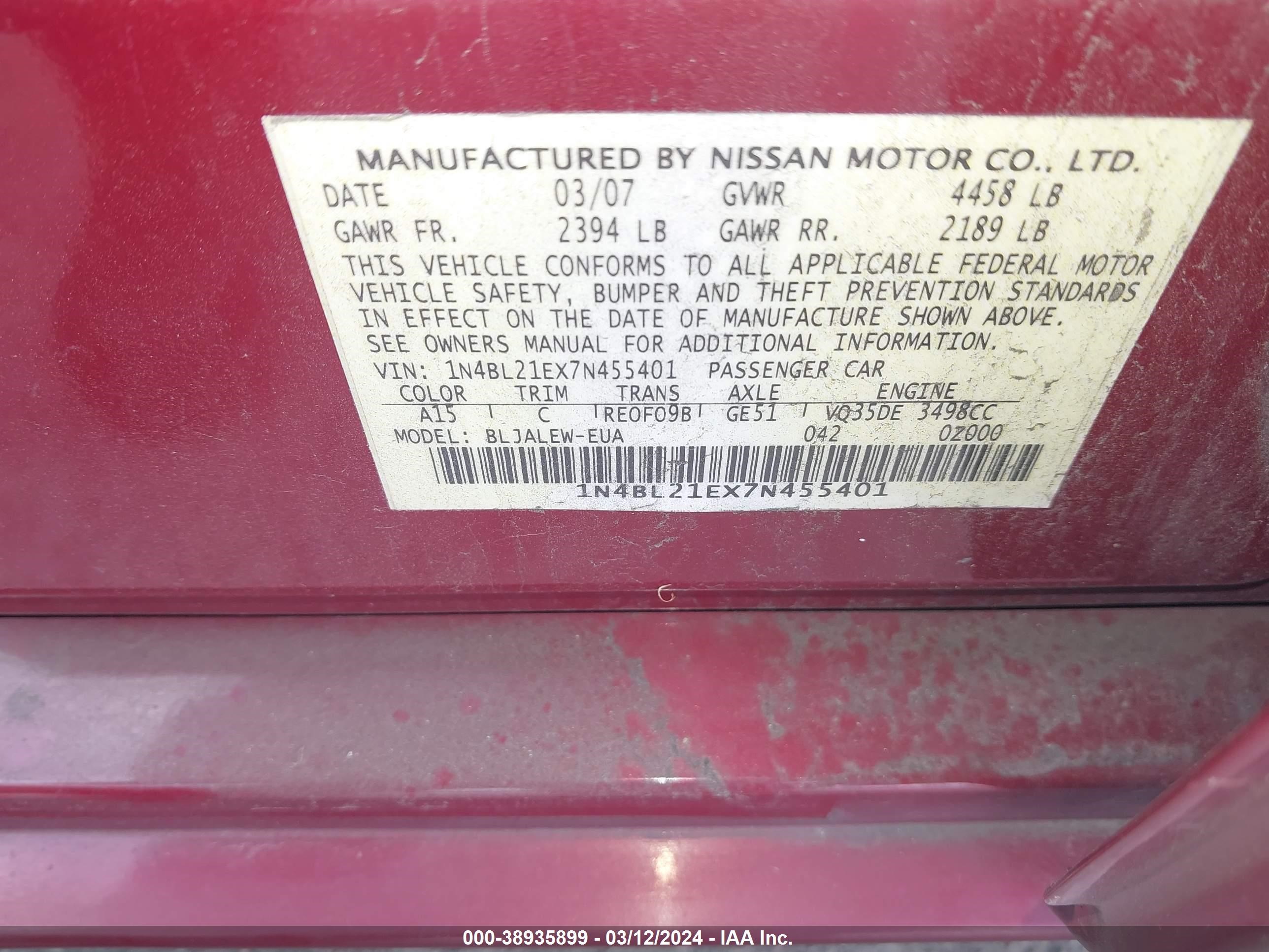 Photo 8 VIN: 1N4BL21EX7N455401 - NISSAN ALTIMA 