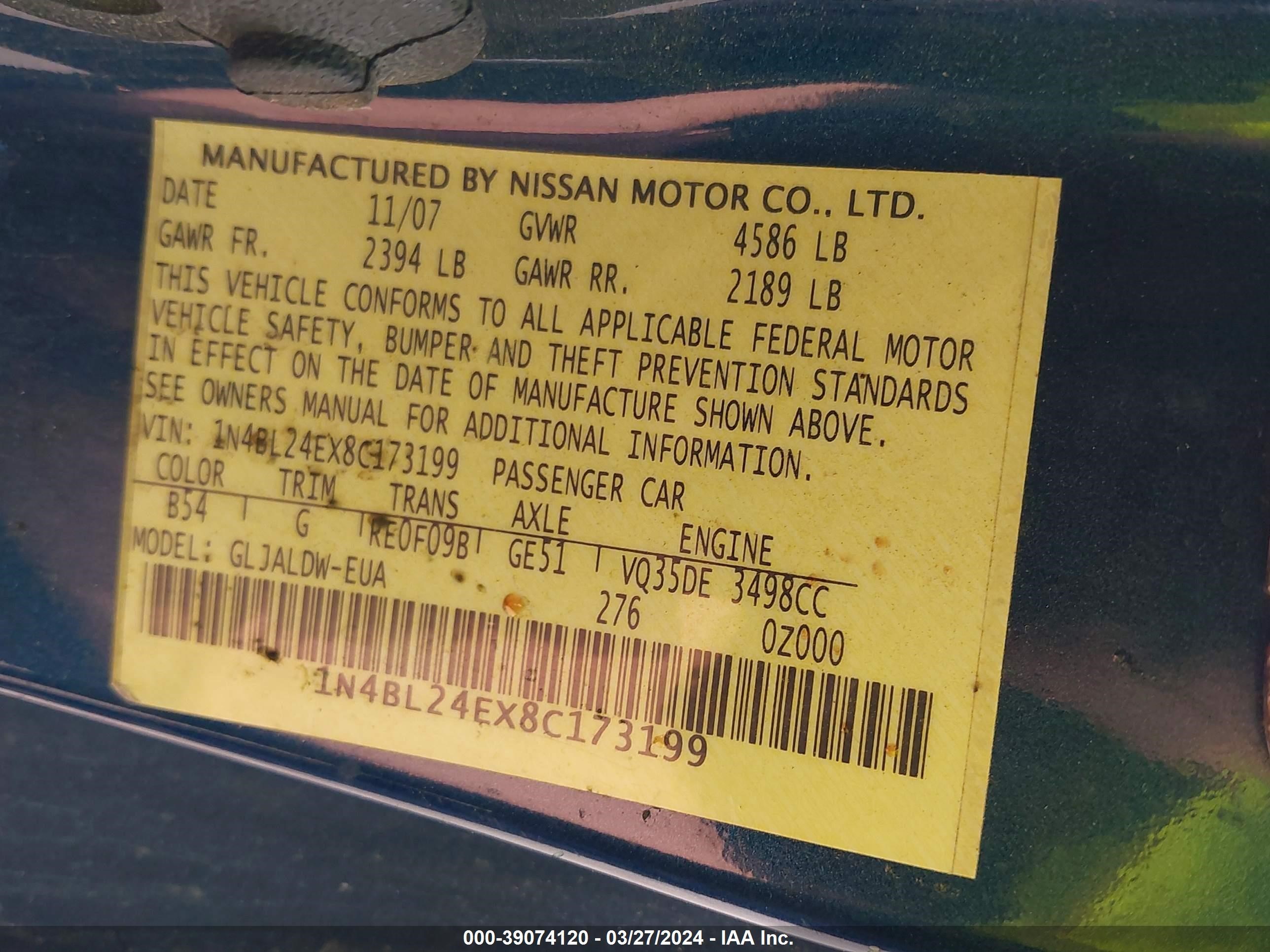 Photo 8 VIN: 1N4BL24EX8C173199 - NISSAN ALTIMA 