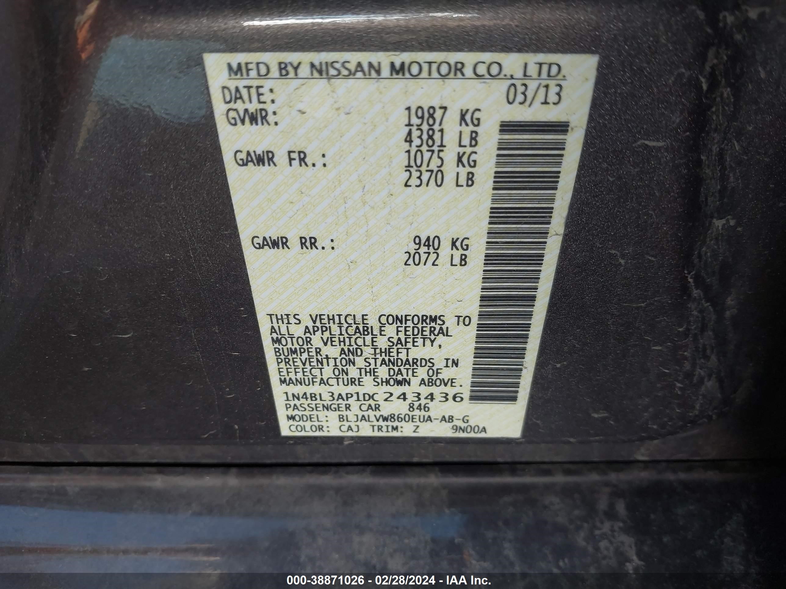 Photo 8 VIN: 1N4BL3AP1DC243436 - NISSAN ALTIMA 