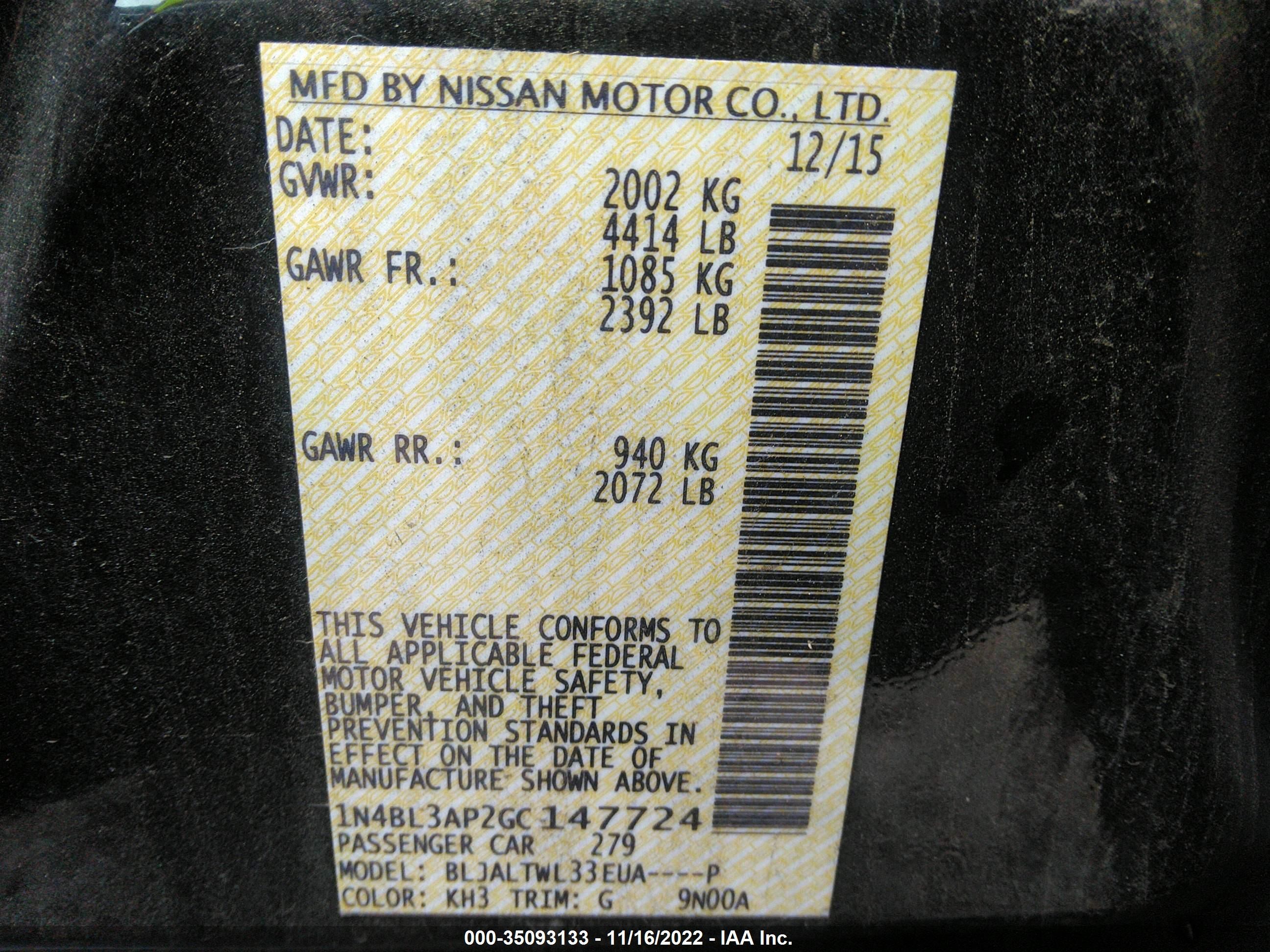 Photo 8 VIN: 1N4BL3AP2GC147724 - NISSAN ALTIMA 