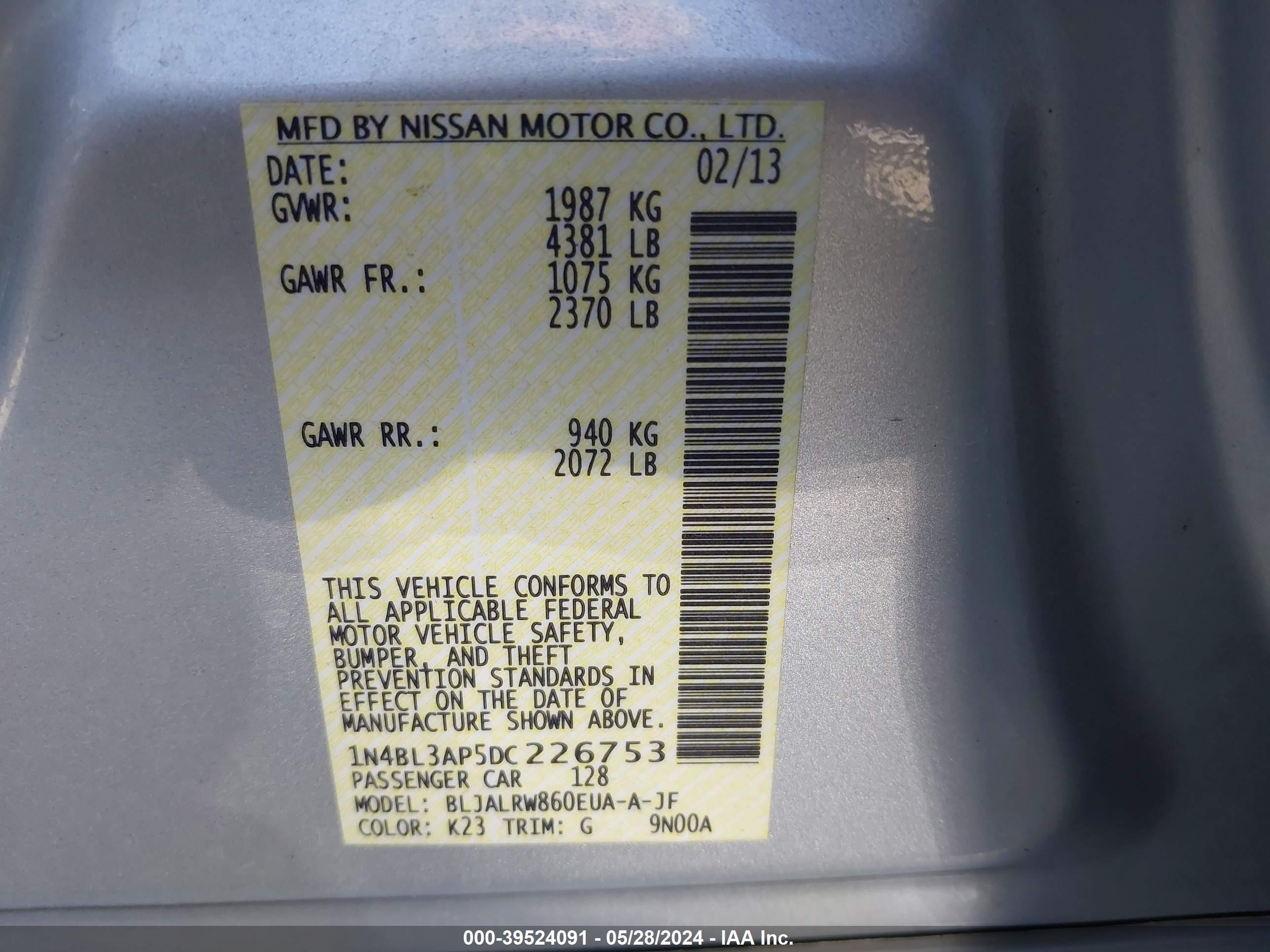 Photo 8 VIN: 1N4BL3AP5DC226753 - NISSAN ALTIMA 