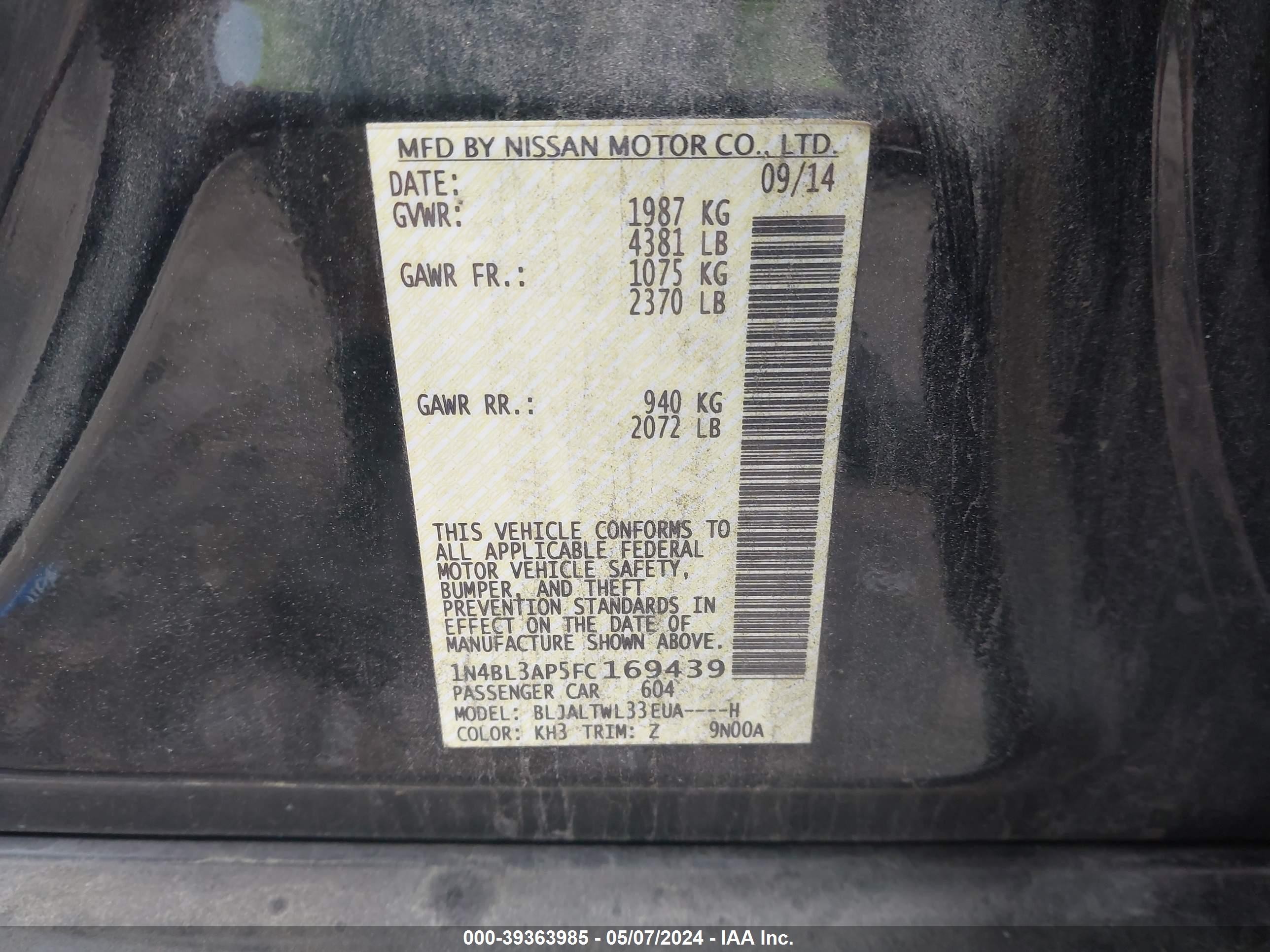 Photo 8 VIN: 1N4BL3AP5FC169439 - NISSAN ALTIMA 