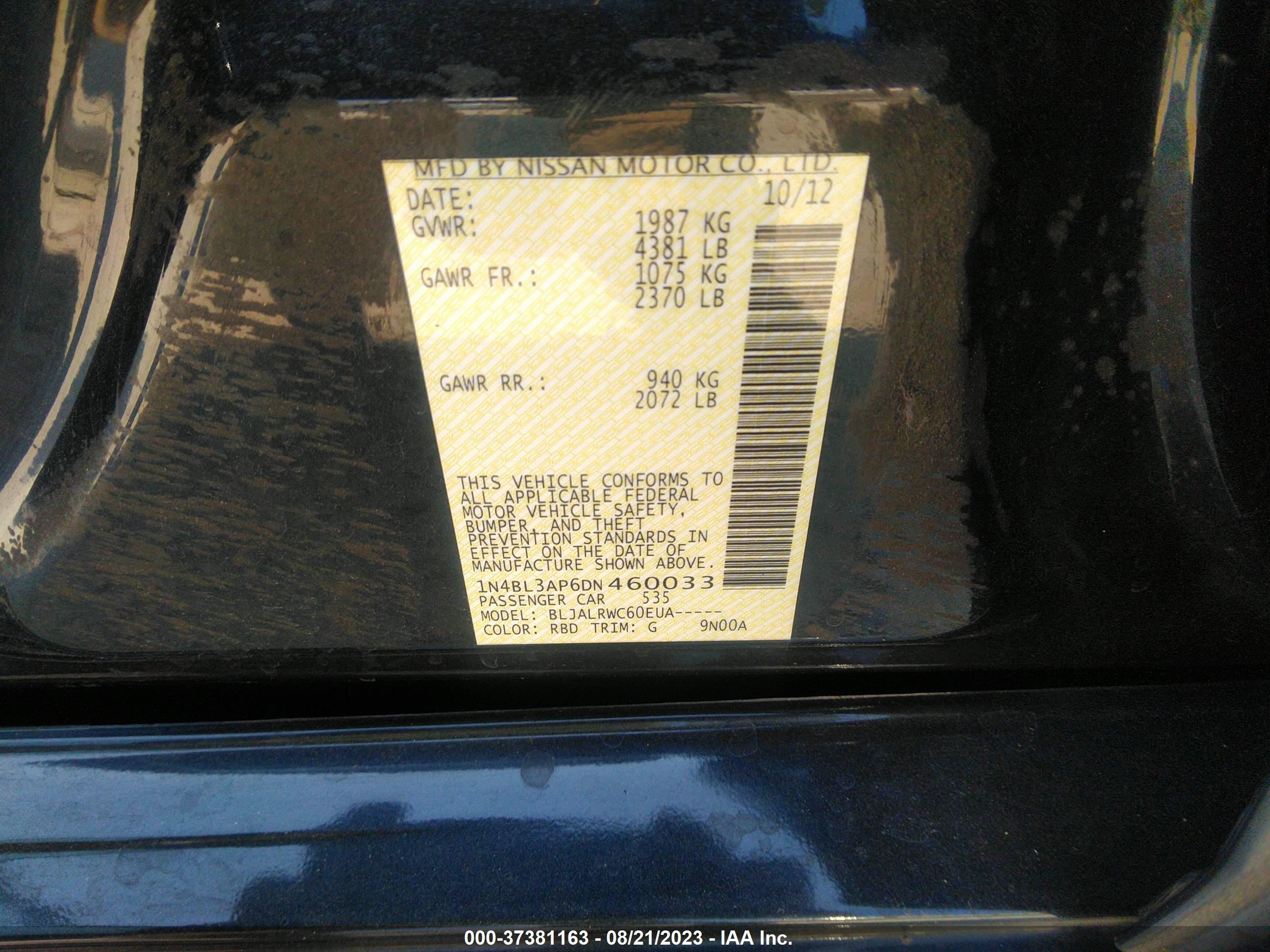 Photo 8 VIN: 1N4BL3AP6DN460033 - NISSAN ALTIMA 