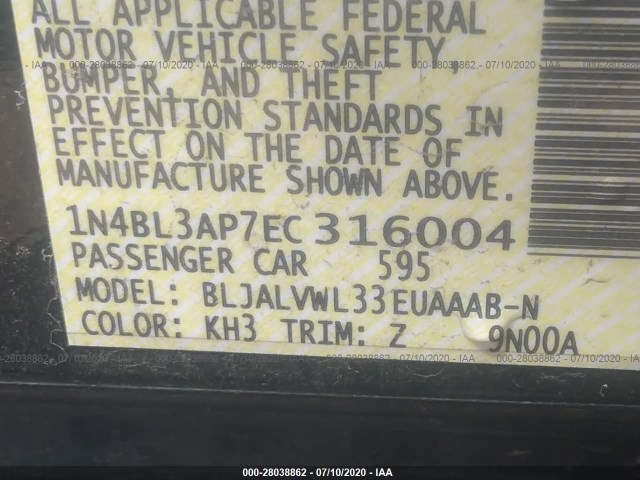 Photo 8 VIN: 1N4BL3AP7EC316004 - NISSAN ALTIMA 