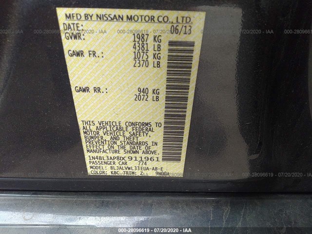 Photo 8 VIN: 1N4BL3AP8DC911961 - NISSAN ALTIMA 