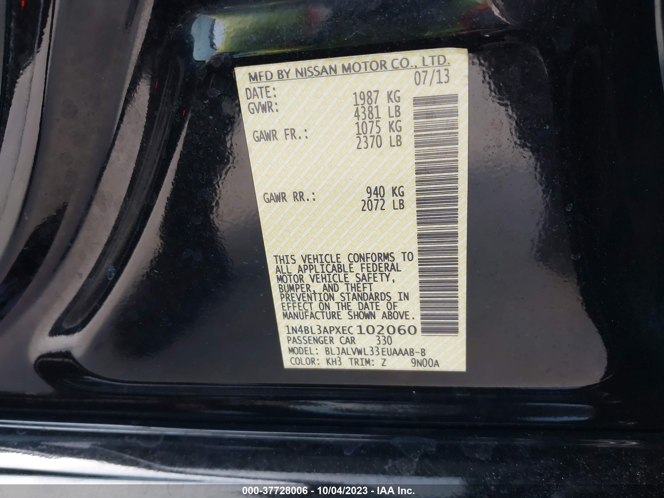 Photo 8 VIN: 1N4BL3APXEC102060 - NISSAN ALTIMA 