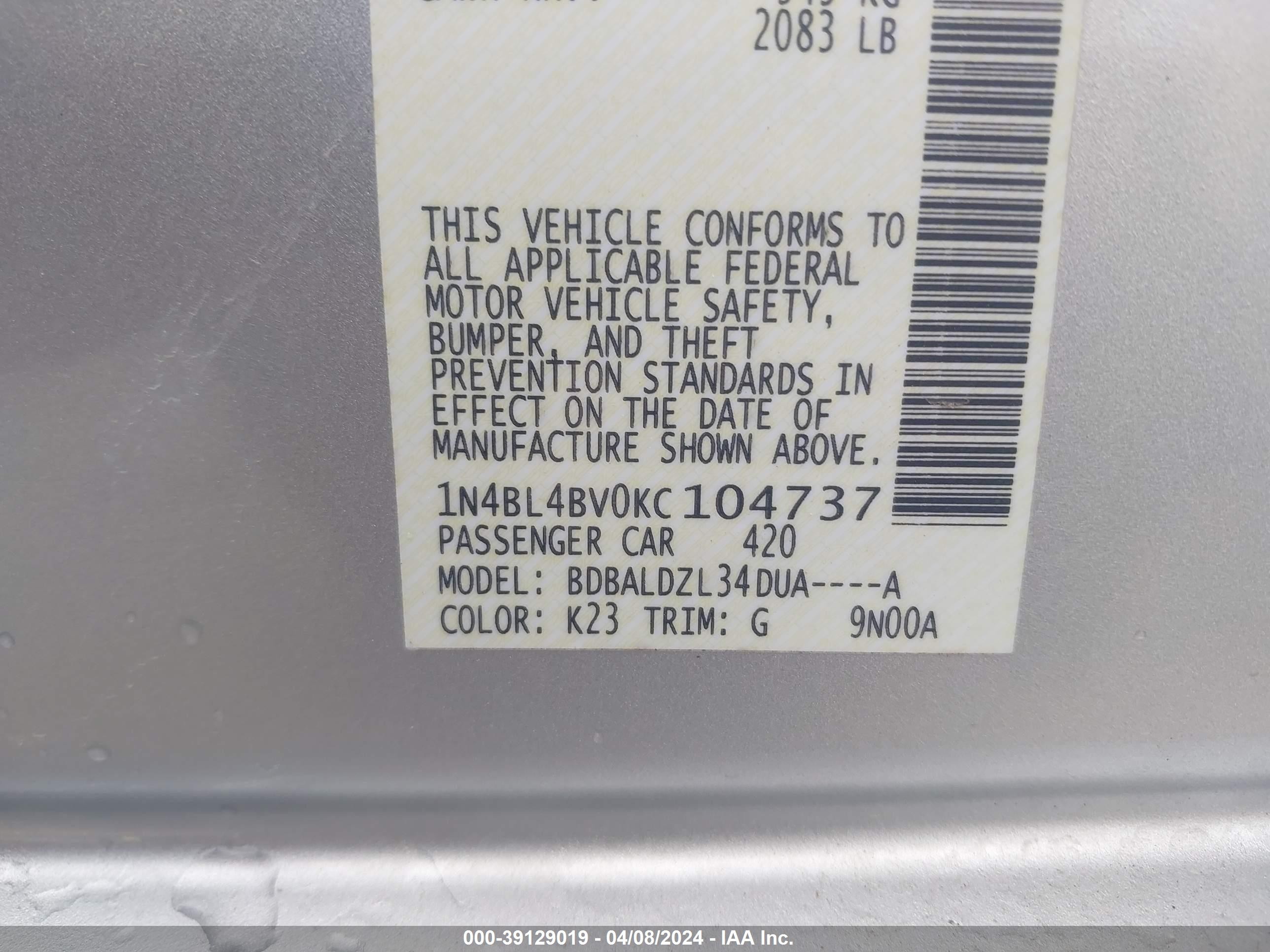 Photo 8 VIN: 1N4BL4BV0KC104737 - NISSAN ALTIMA 